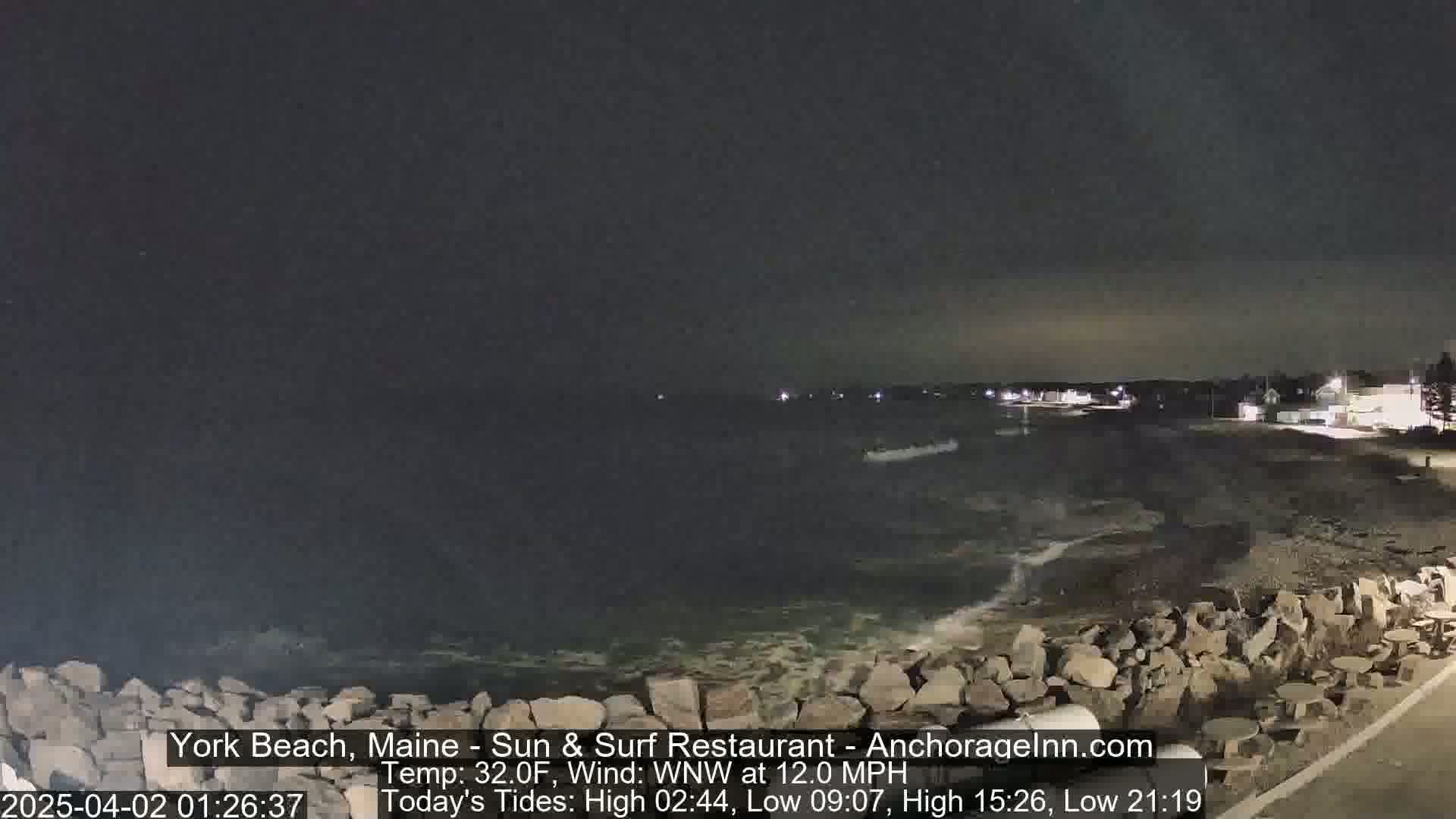A nighttime view of a rocky coastline with dark water and a few distant lights under a clear, dark sky.