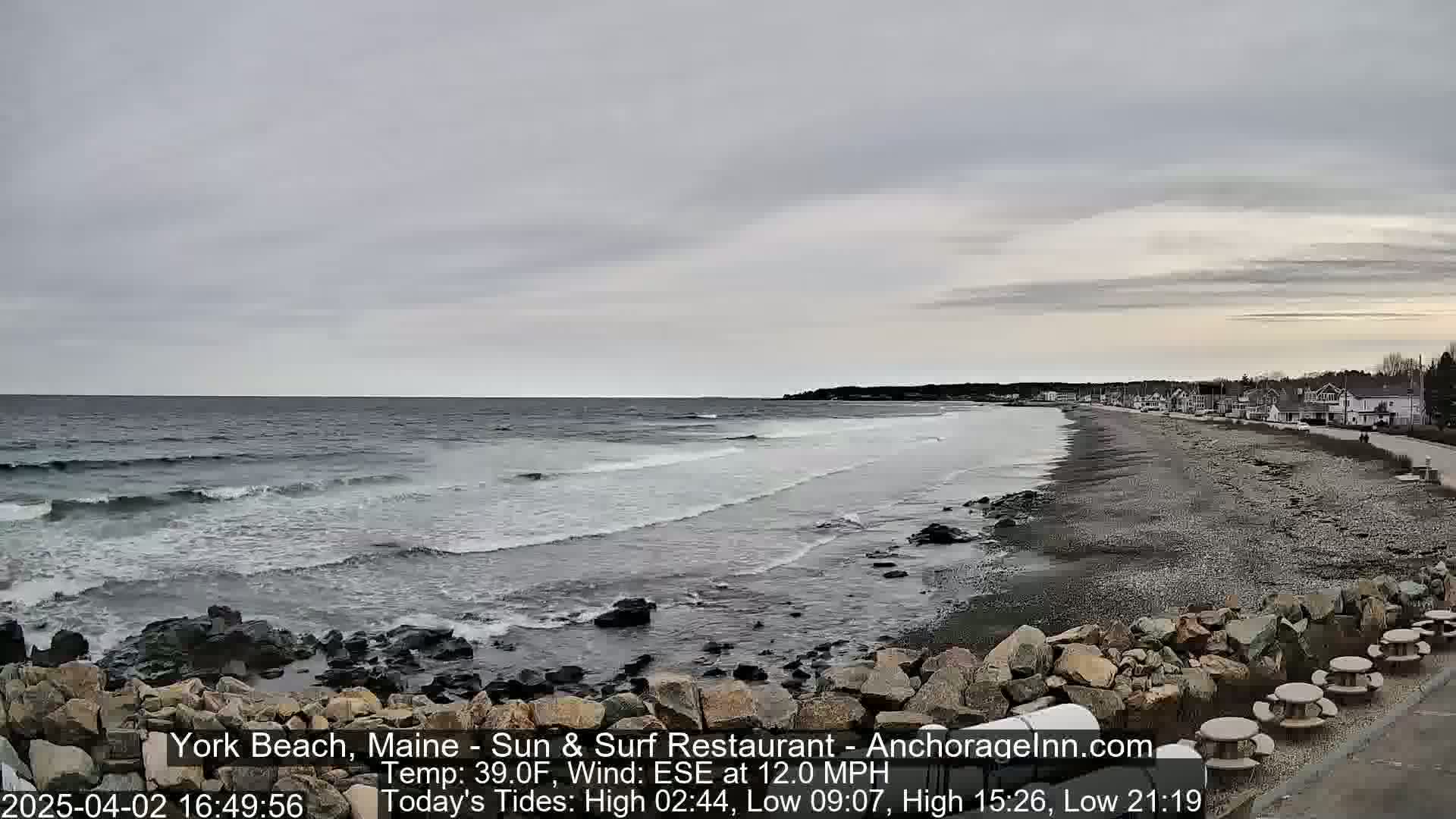 A rocky shoreline with a grey, overcast sky, gentle waves lapping the shore, and a line of houses visible in the distance.