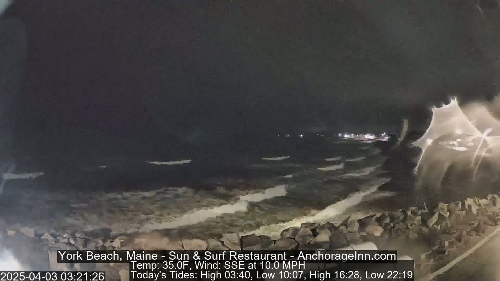 A nighttime ocean scene with dark, choppy waves crashing against a rocky shore under a cloudy sky.