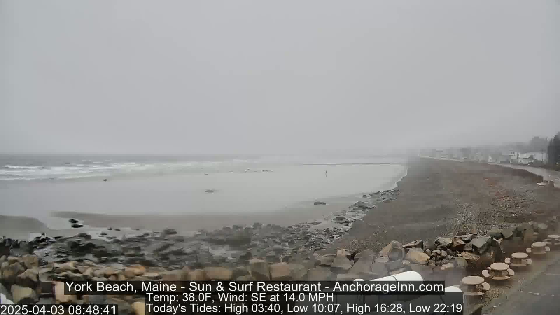 A gray, snowy day shows a rocky beach with a calm ocean and a few buildings in the distance.