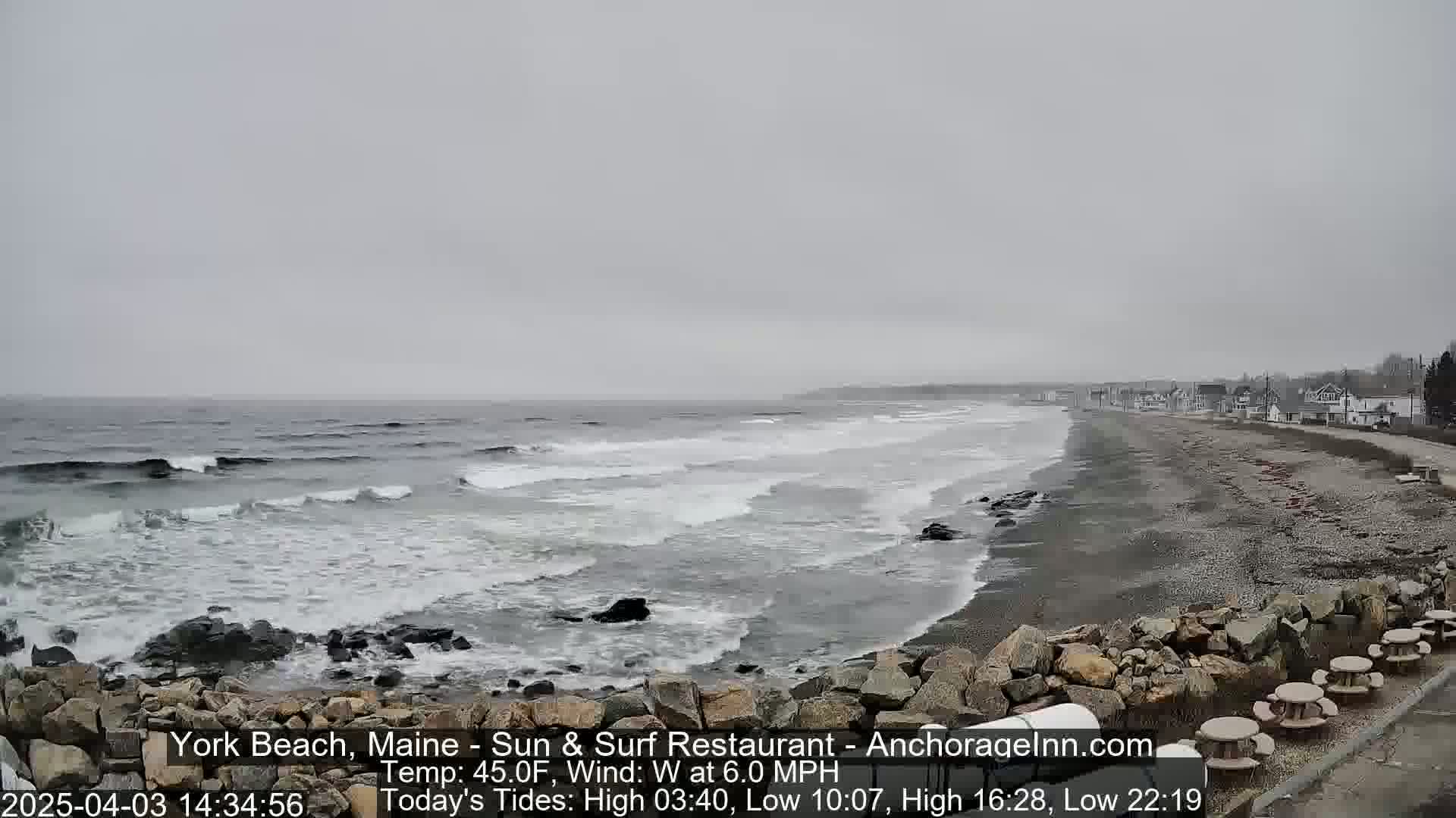 A gray, overcast day shows a rocky beach with a dark-sand shoreline and moderate waves breaking on the shore near some picnic tables, with houses visible in the distance.