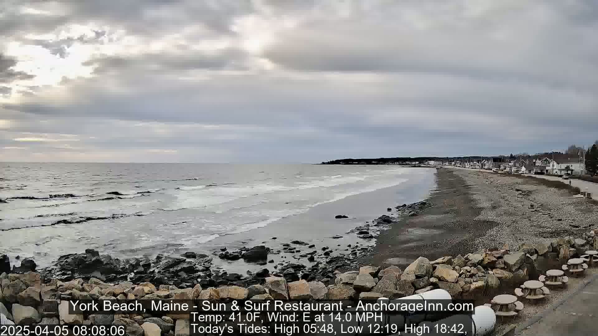 A mostly cloudy day shows a rocky beach with gentle waves lapping the shore, a few buildings visible in the distance.