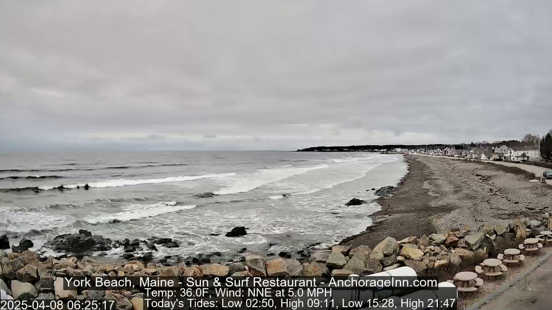 A rocky beach with gentle waves under an overcast sky stretches to a distant town.