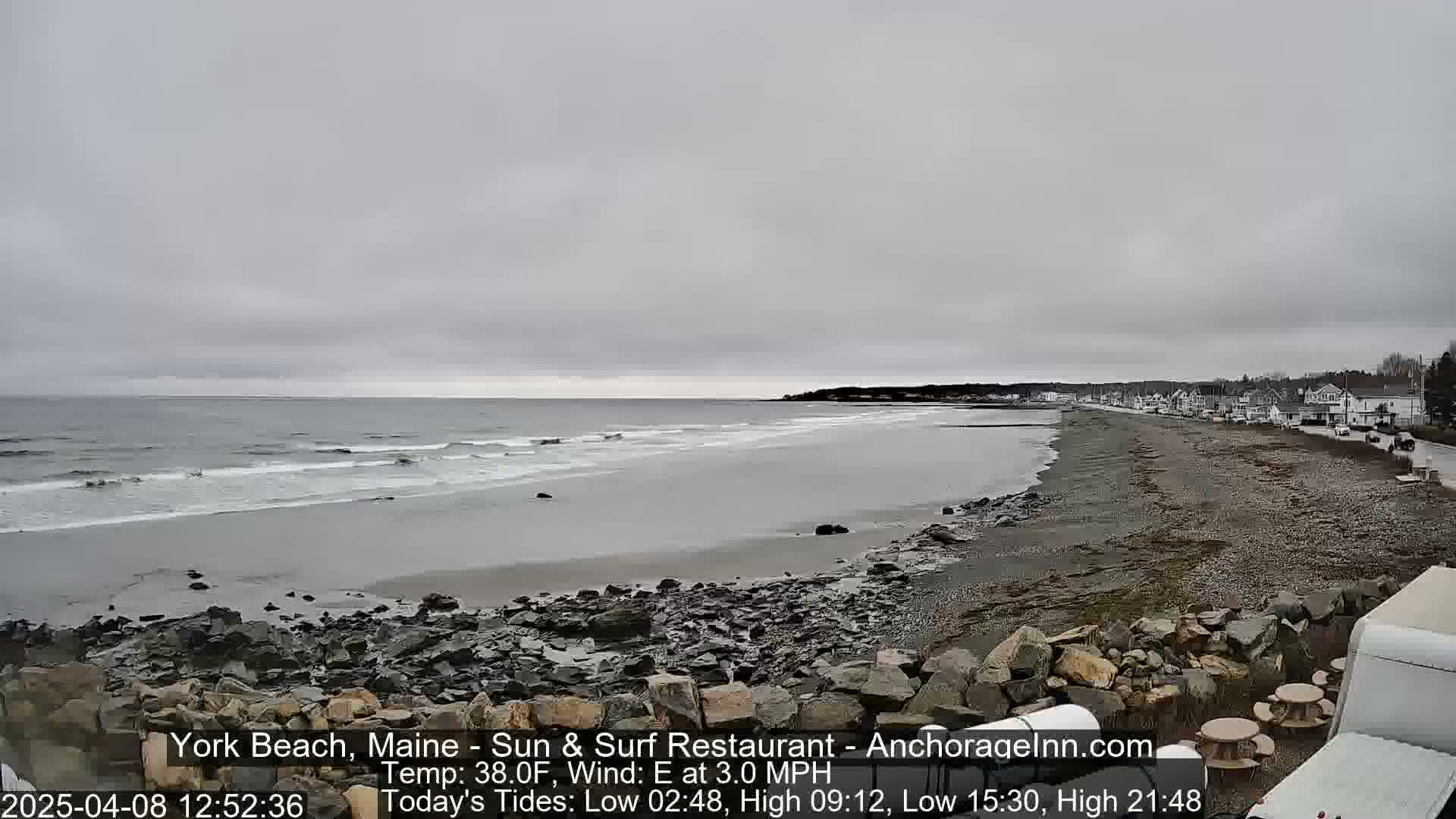 A gray, overcast day shows a rocky beach with gentle waves lapping the shore, and a line of houses visible in the distance.