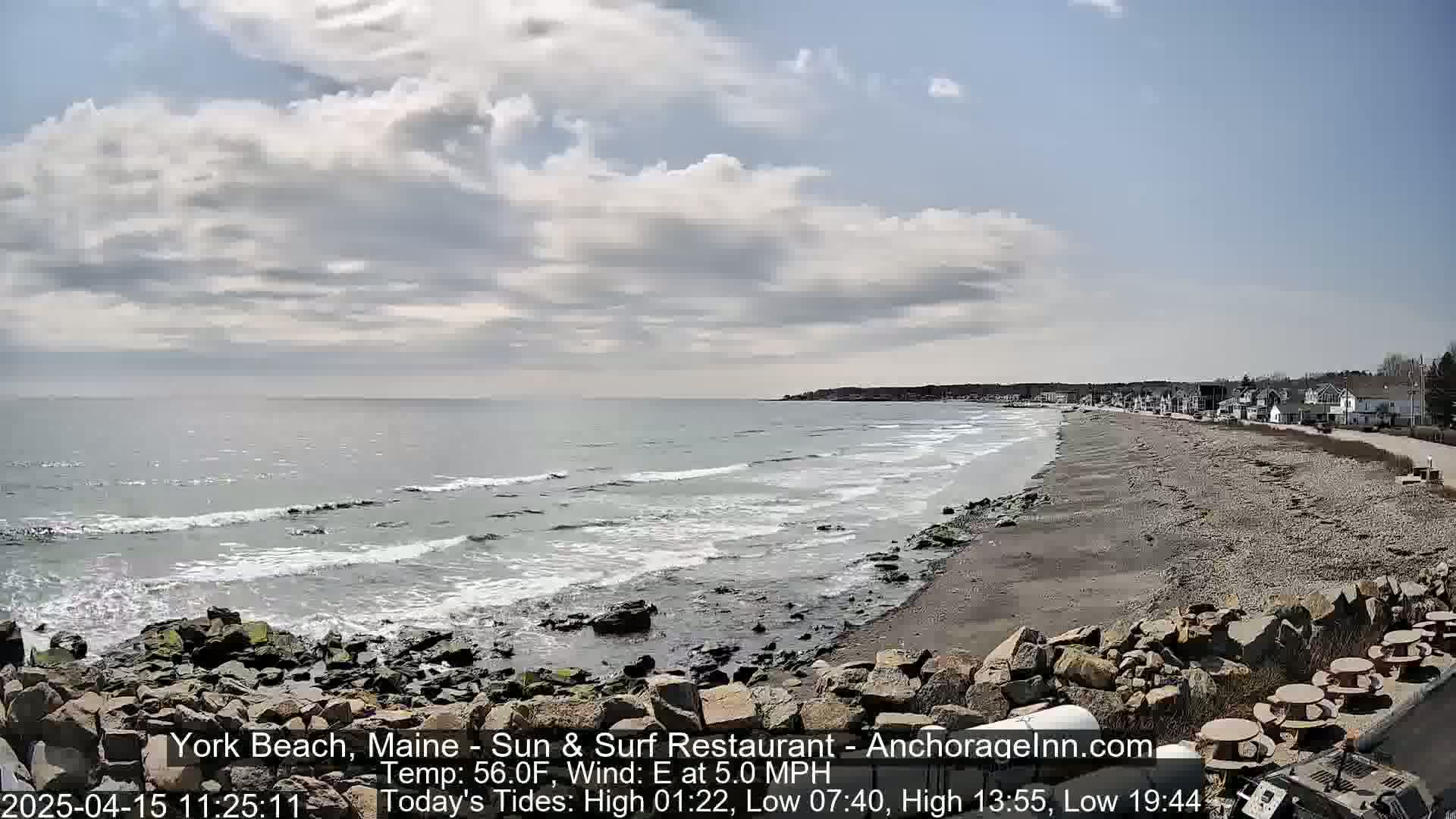 A partly cloudy day shows a rocky beach with small waves lapping the shore, a road lined with houses in the background.
