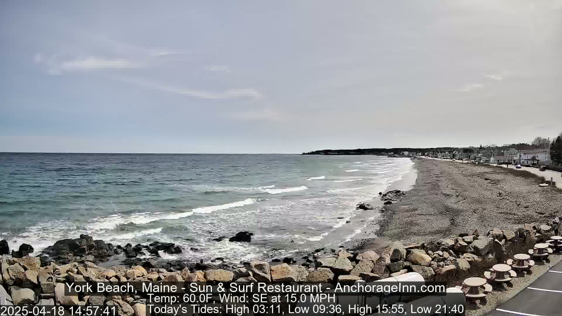 A rocky beach with moderate waves and a partly cloudy sky stretches alongside a residential area.