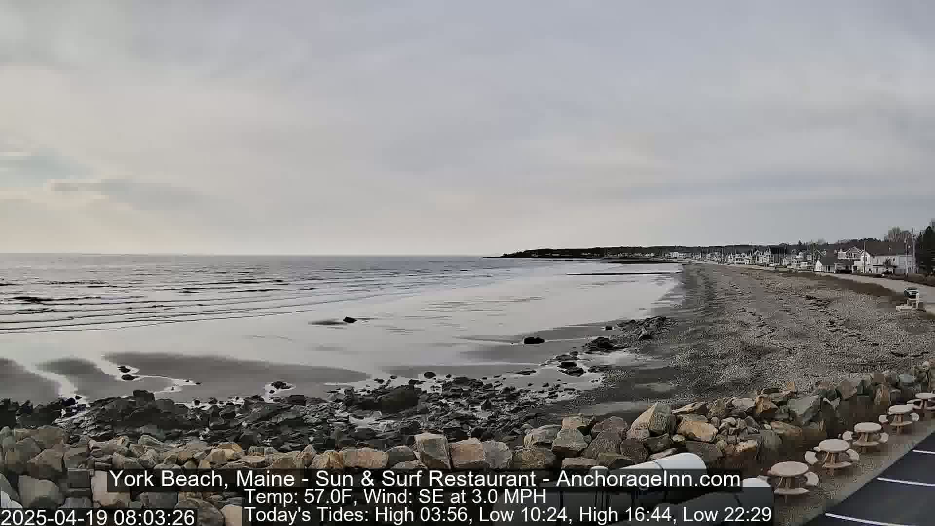 A rocky beach with calm waves under a cloudy sky stretches toward a line of houses.