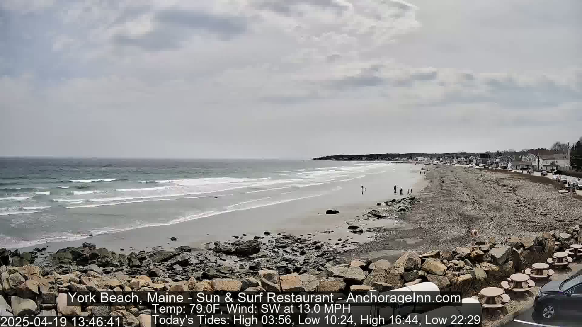 A long sandy beach stretches out to a calm ocean under a mostly cloudy sky, with a few people visible on the shore and buildings in the distance.