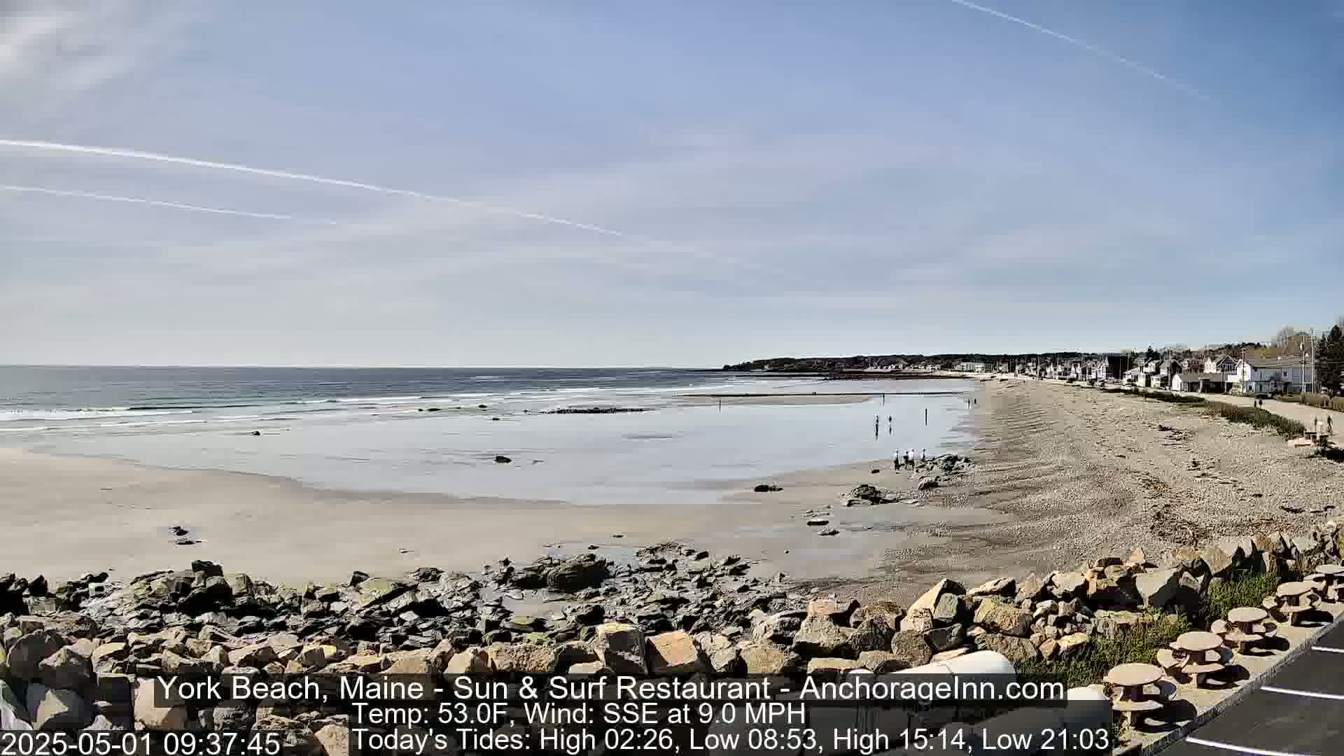 A sandy beach with small waves, rocks, and a few people, under a mostly clear sky.