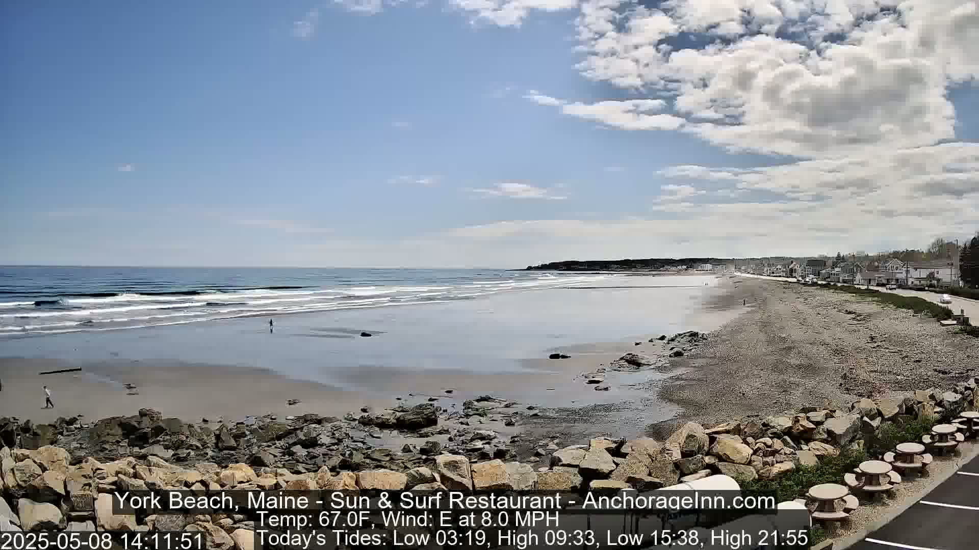 A sandy beach with small waves and a few people stretches out to a calm ocean under a partly cloudy sky.