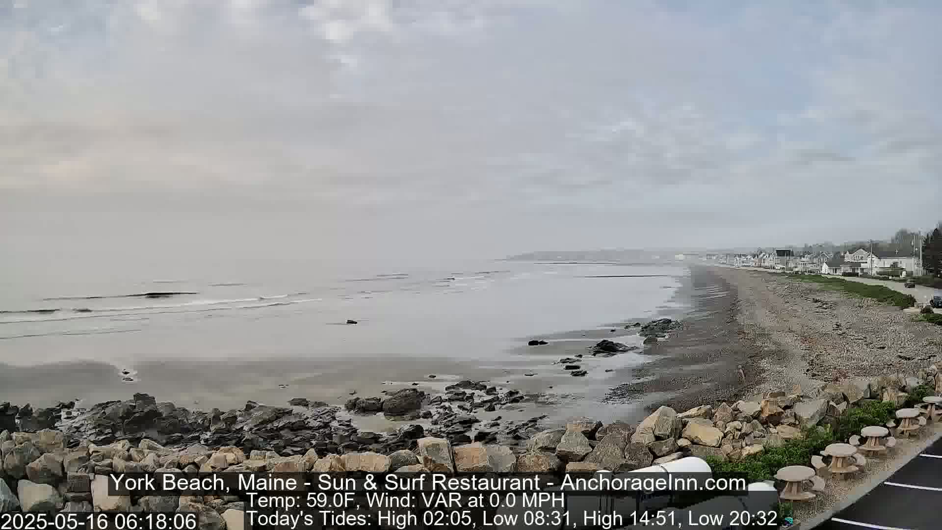 A mostly overcast sky hangs over a rocky beach with calm waves and a line of buildings visible in the distance.