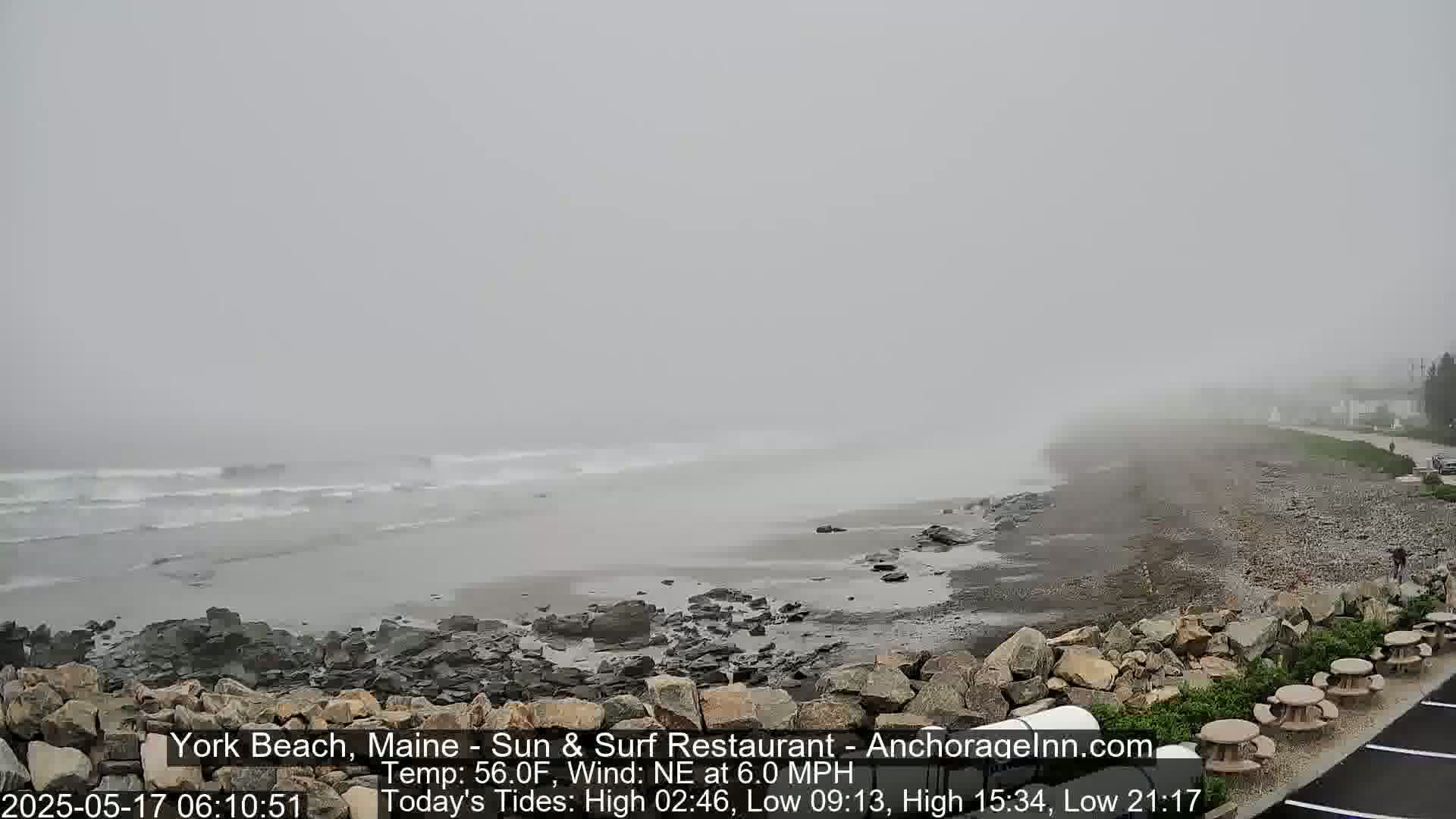 A foggy beach scene shows a rocky shoreline, a gray ocean with small waves, and a few picnic tables in the foreground.