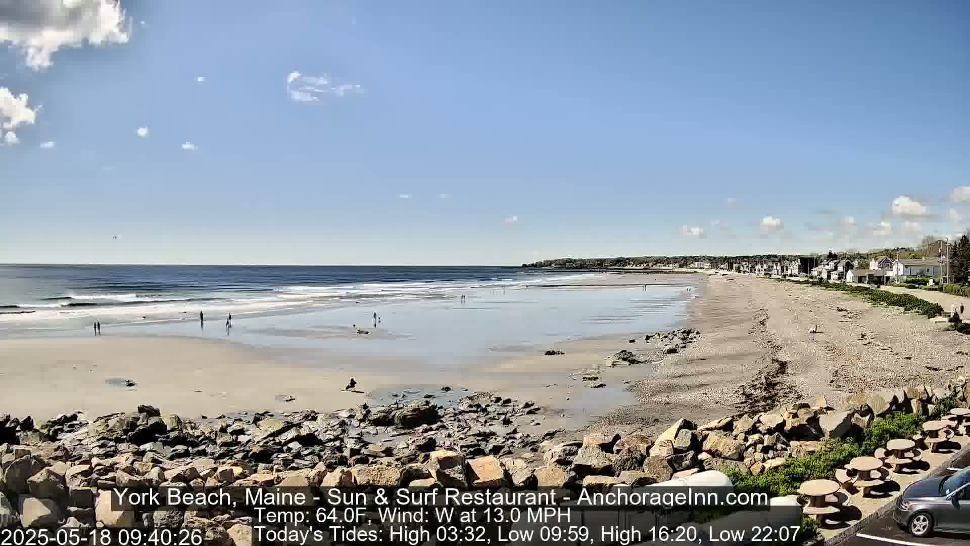 A sandy beach with a few people on it stretches along a coastline under a mostly sunny sky, with some small waves in the ocean.