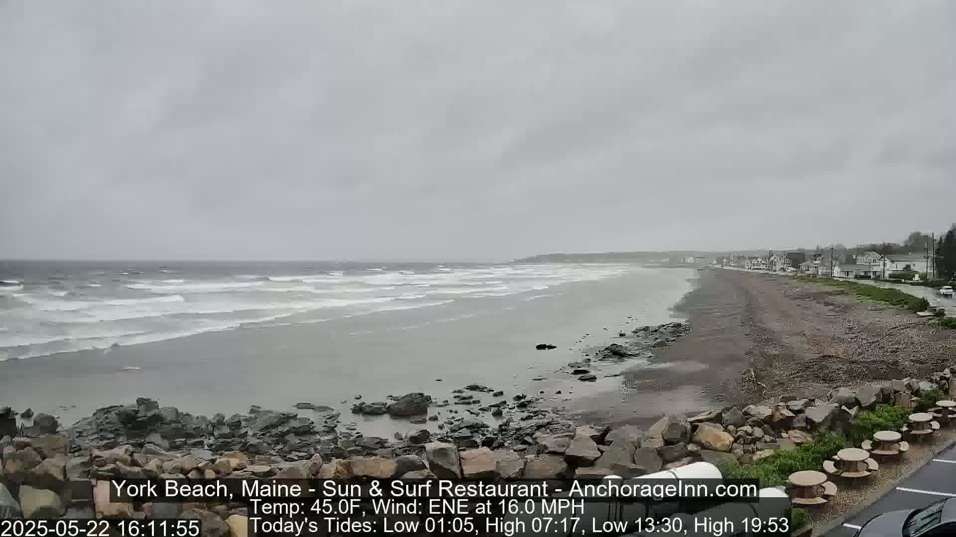 A gray, overcast day shows a rocky beach with waves gently lapping the shore, and a few buildings in the distance.