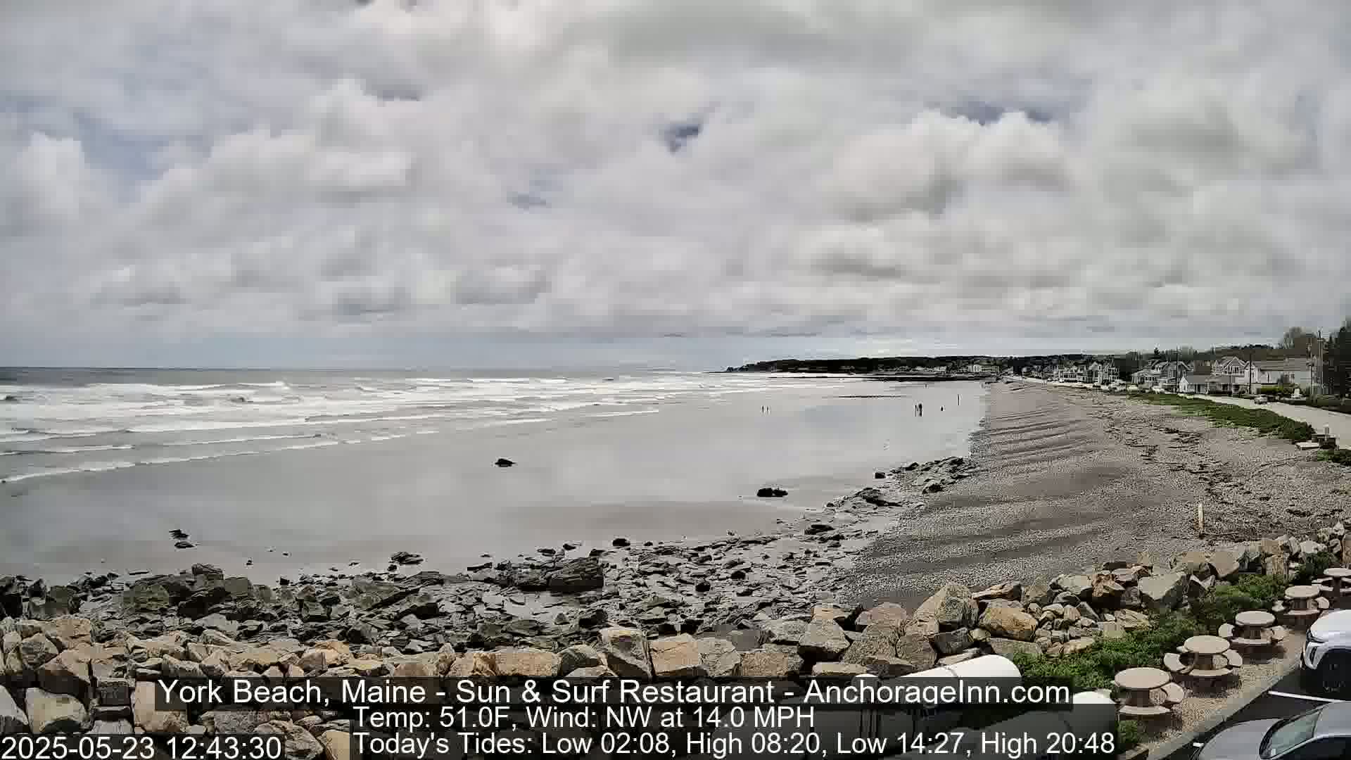 A rocky beach with a partly cloudy sky and a northwest wind stretches out to a calm ocean with small waves.