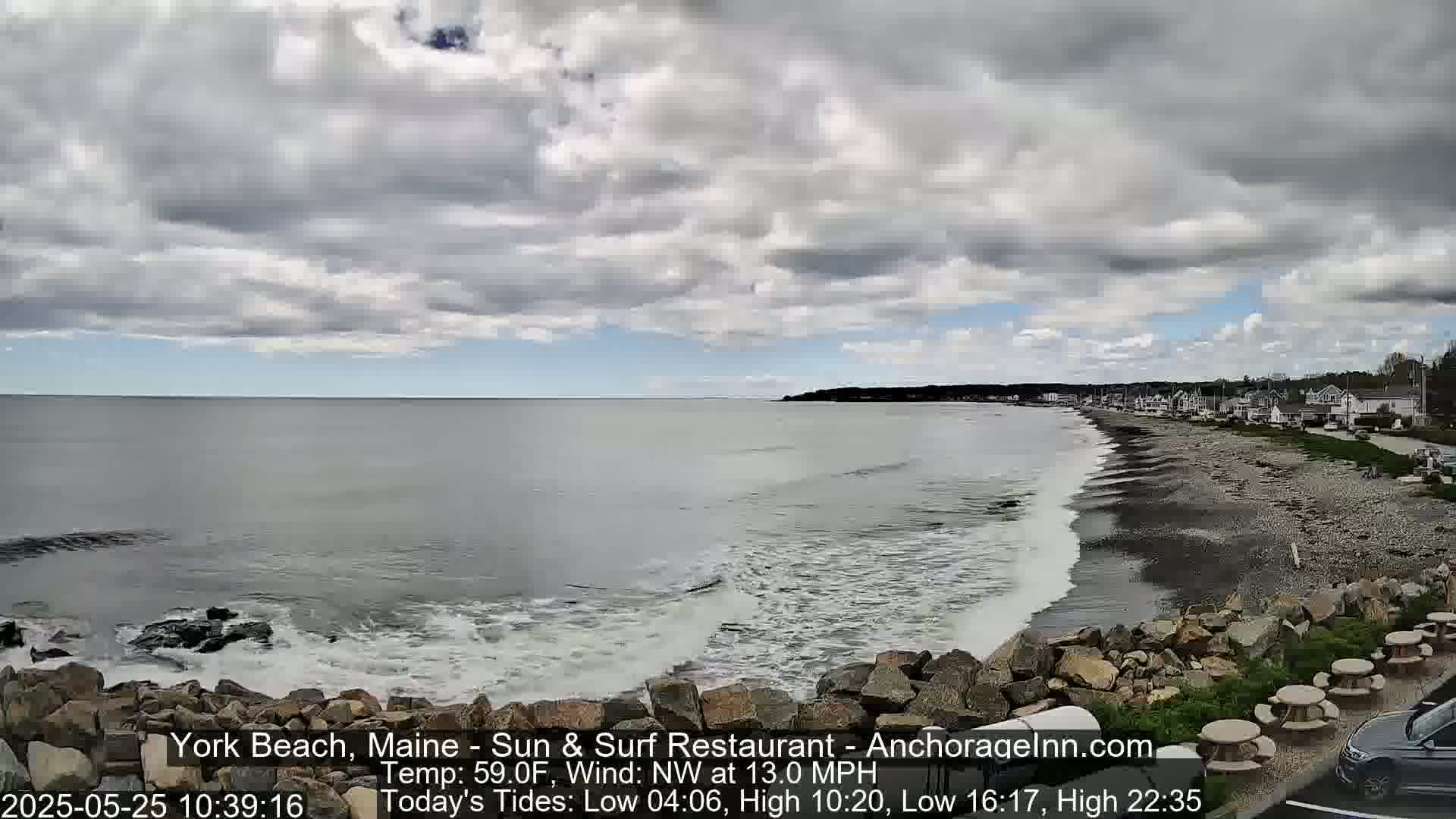 A partly cloudy day shows a rocky beach with small waves lapping the shore, and a line of houses visible in the distance.