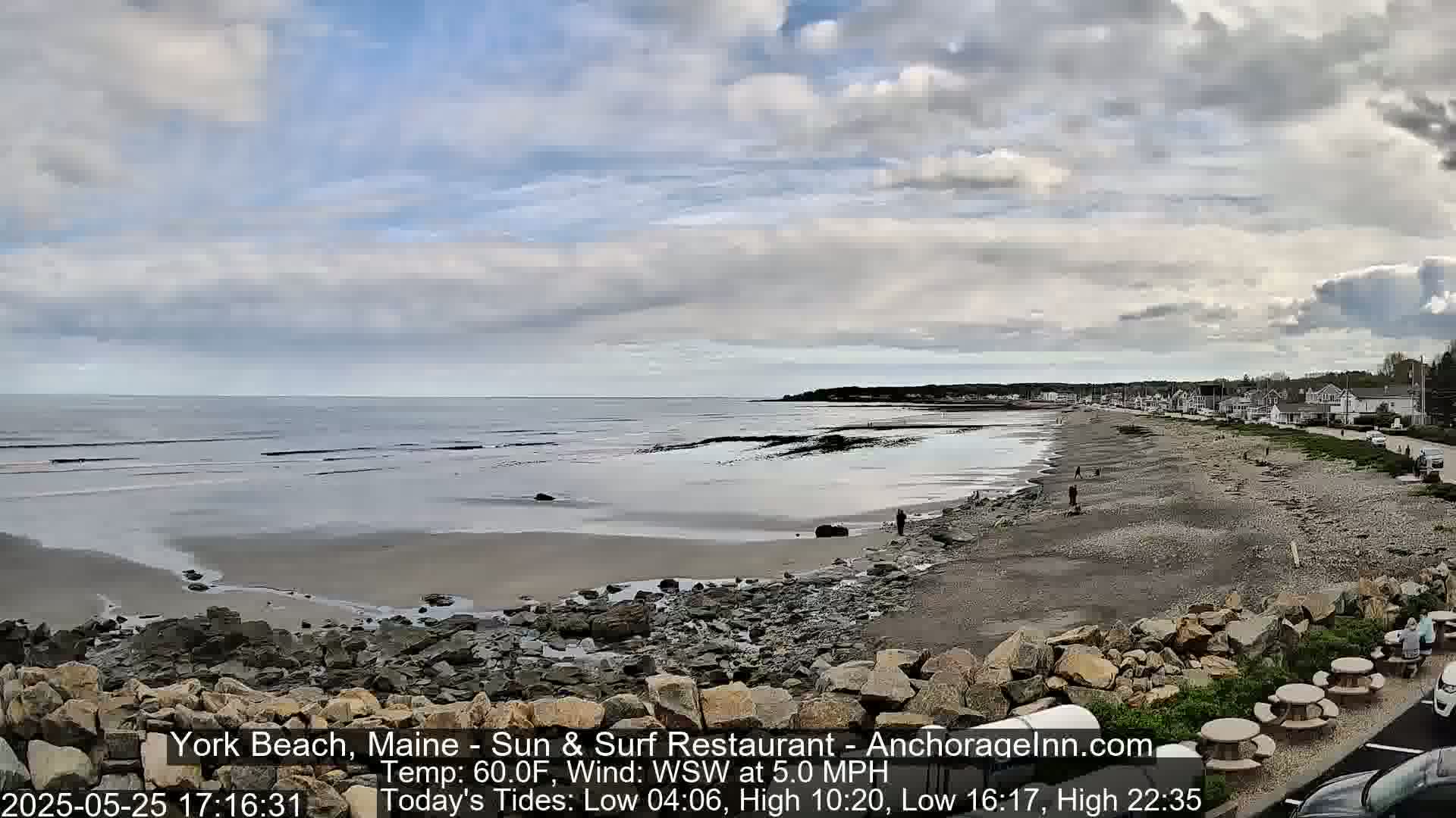A rocky beach stretches along a calm ocean under a partly cloudy sky.