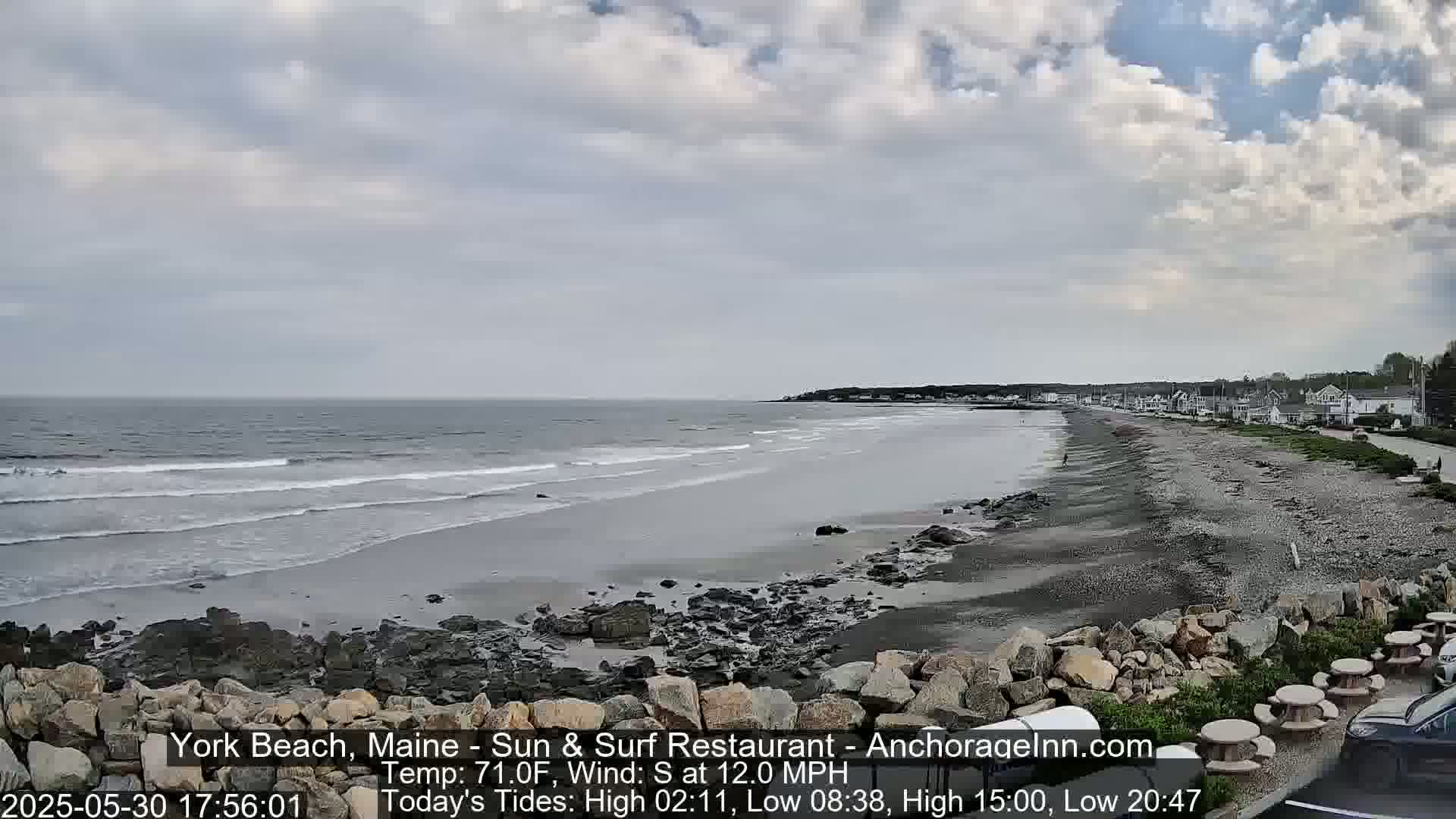 A rocky beach with gentle waves under a partly cloudy sky.