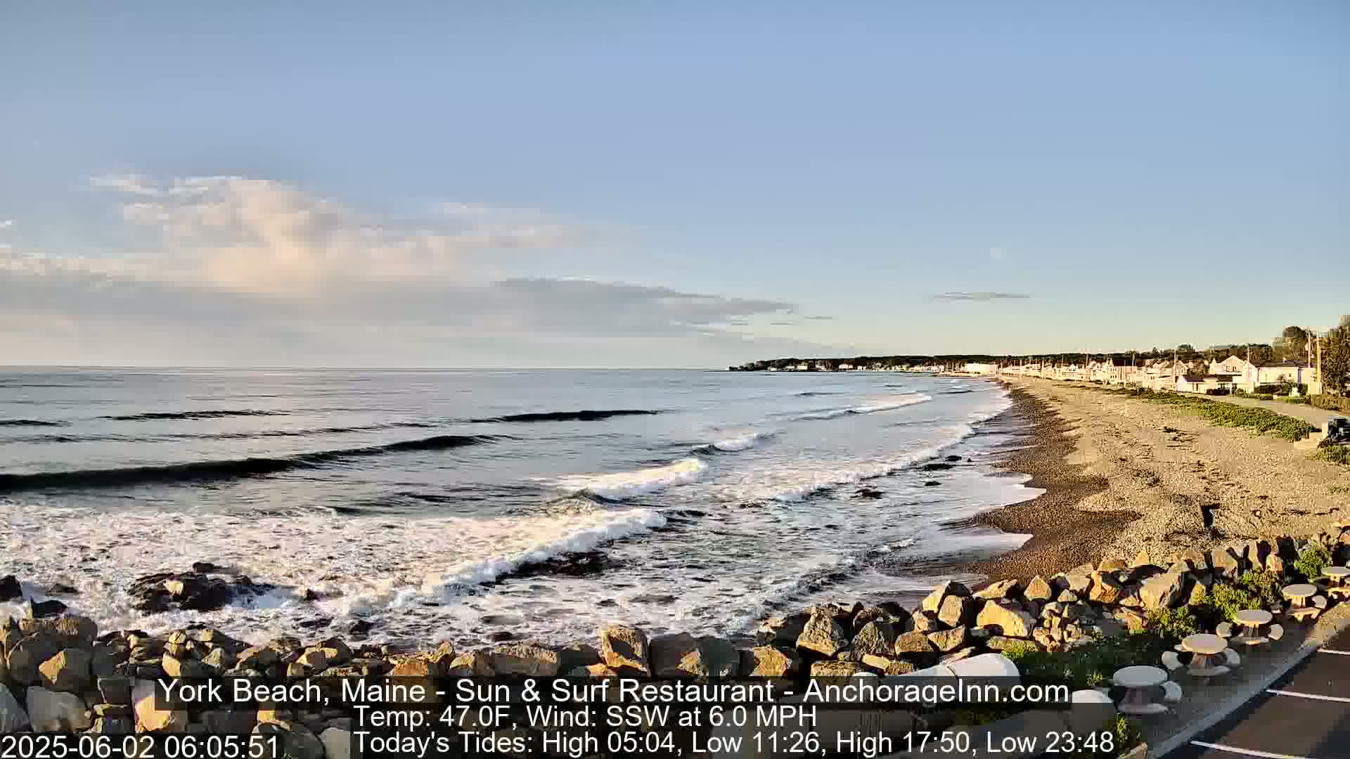 Gentle waves lap a sandy beach backed by a row of houses under a partly cloudy sky.