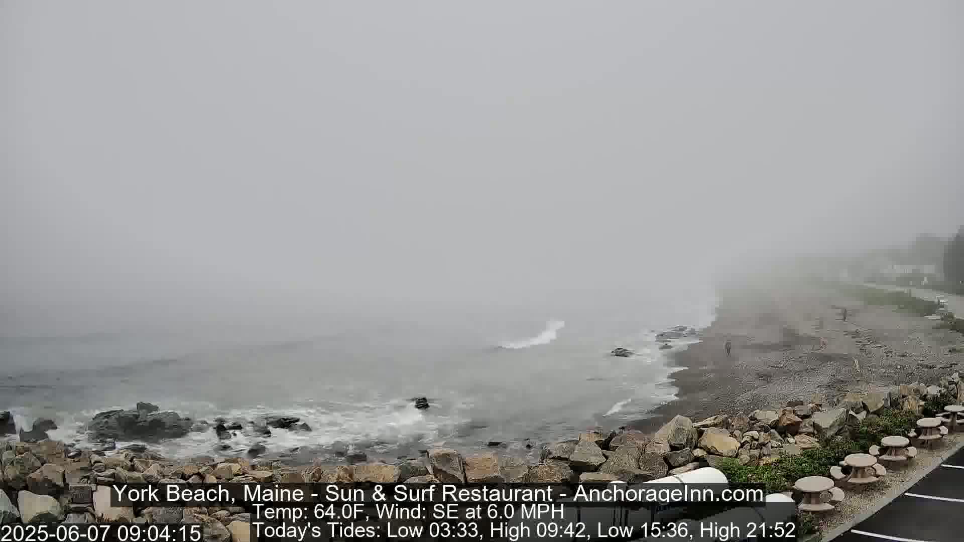 A rocky shoreline meets a foggy ocean with waves crashing against the rocks, and a few people are visible on the beach in the distance.