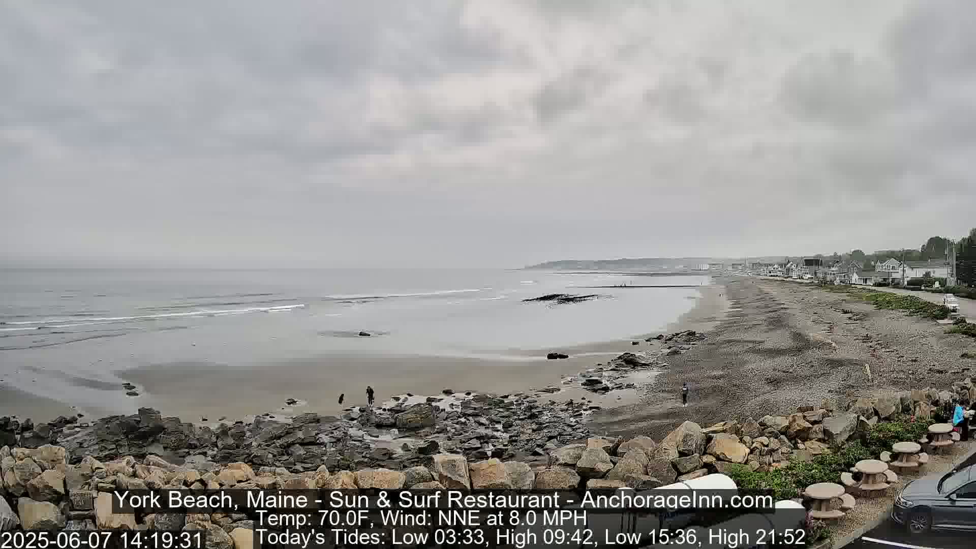 A rocky beach stretches along a calm, gray ocean under an overcast sky.