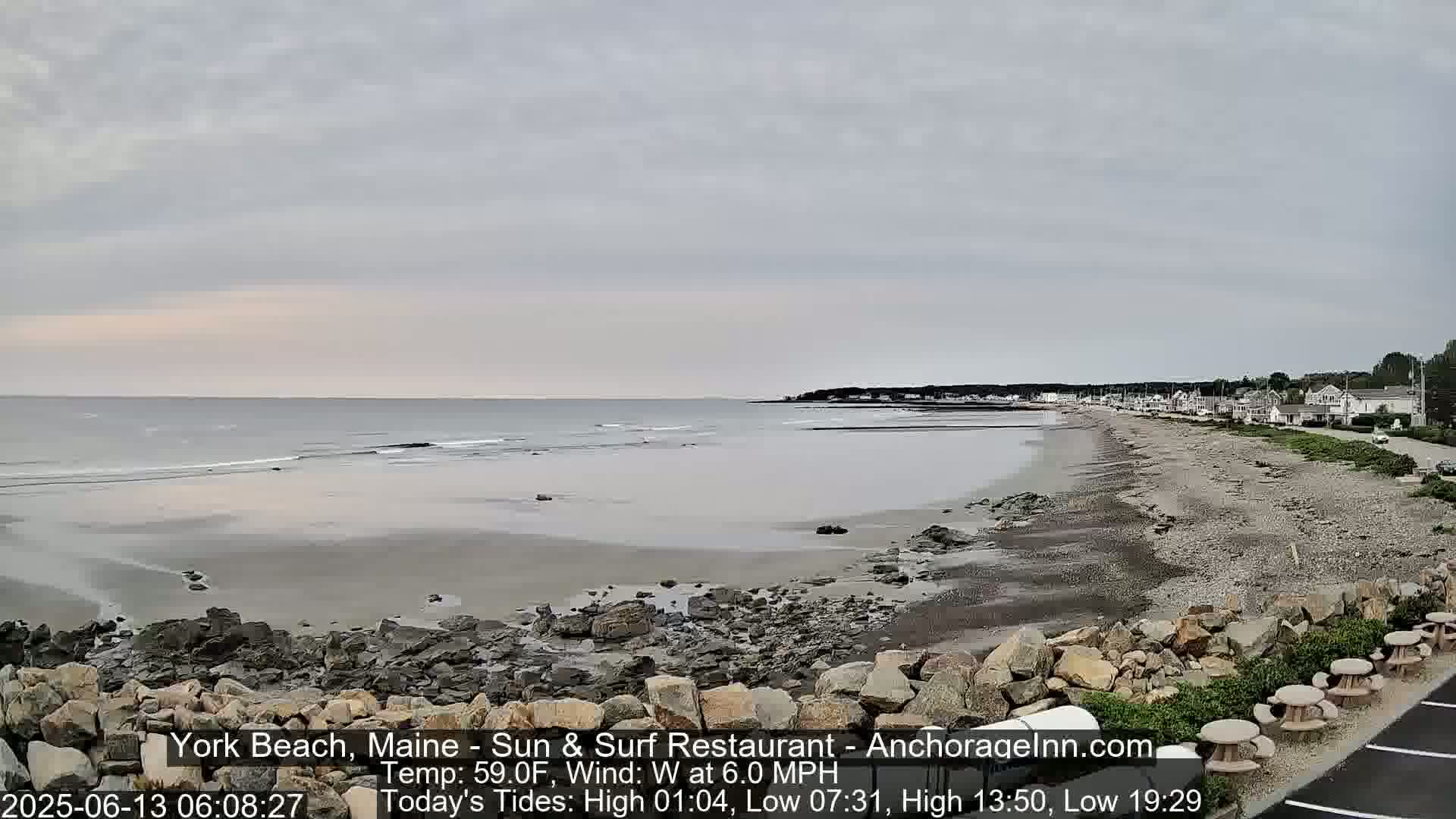 A mostly cloudy, overcast day at a rocky beach with calm waves, showing a shoreline with houses in the distance.