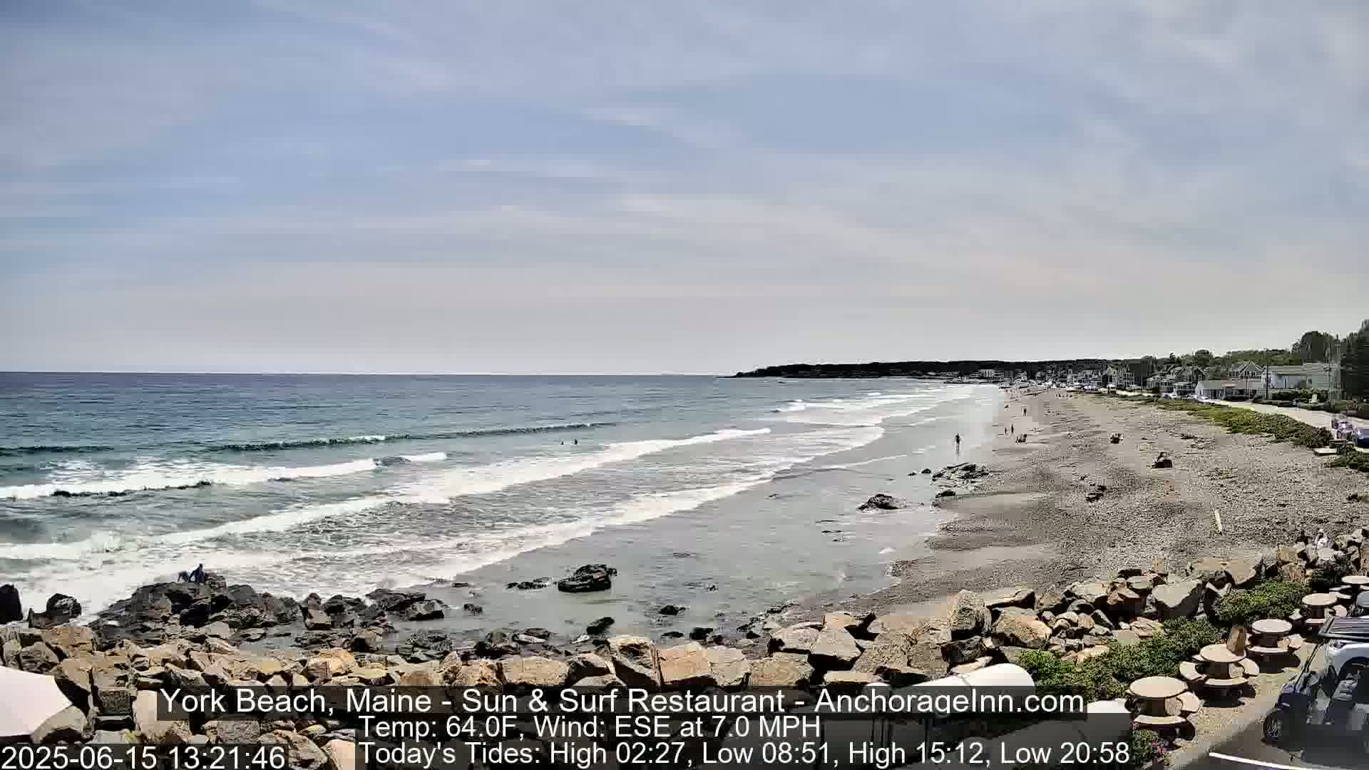 A long, sandy beach with gentle waves under a partly cloudy sky stretches out to a calm ocean, with a few people visible on the shore and a road lined with buildings in the background.