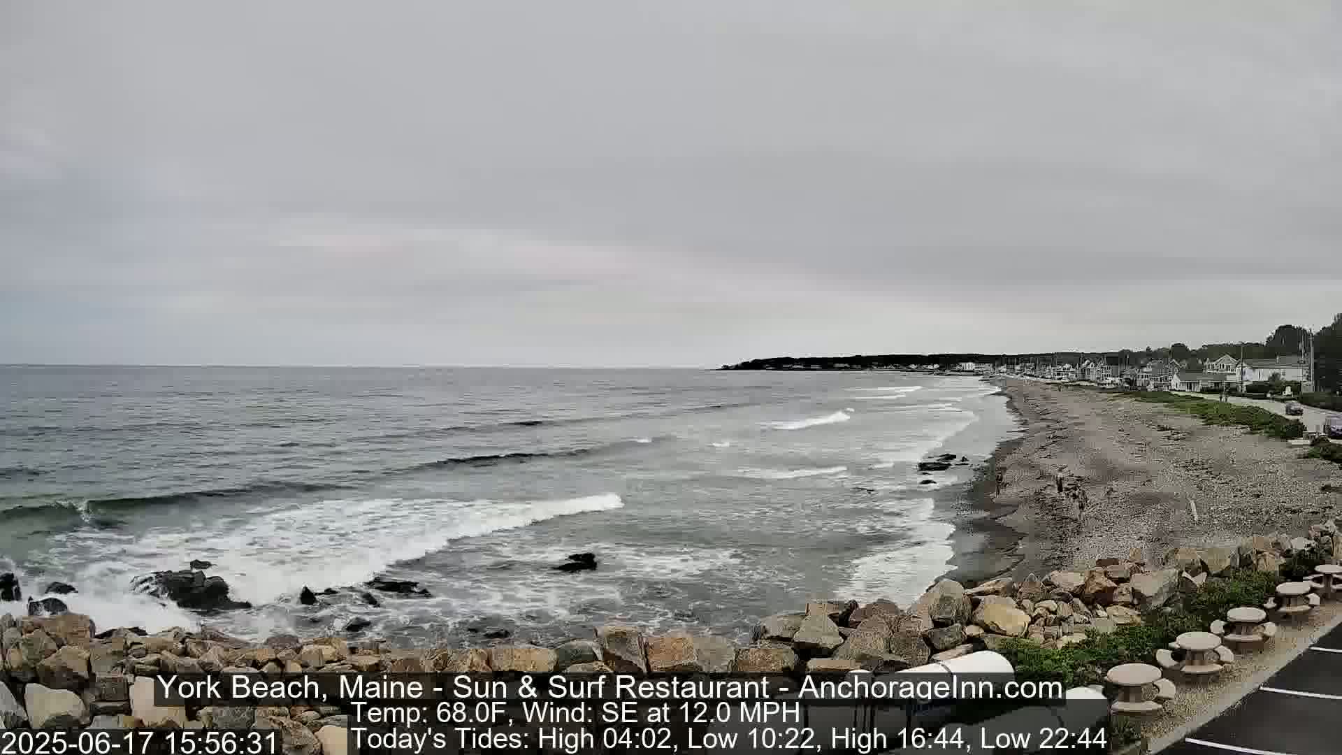 A rocky beach with moderate waves under an overcast sky.