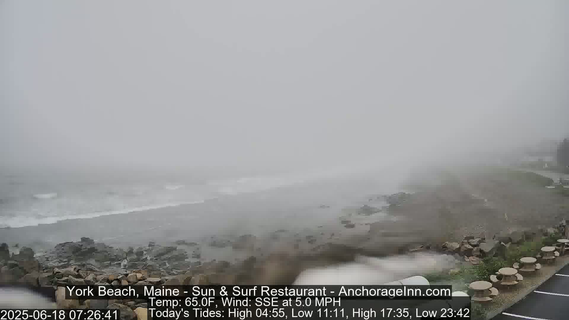 A foggy, overcast day at a rocky beach with a few picnic tables visible in the foreground.