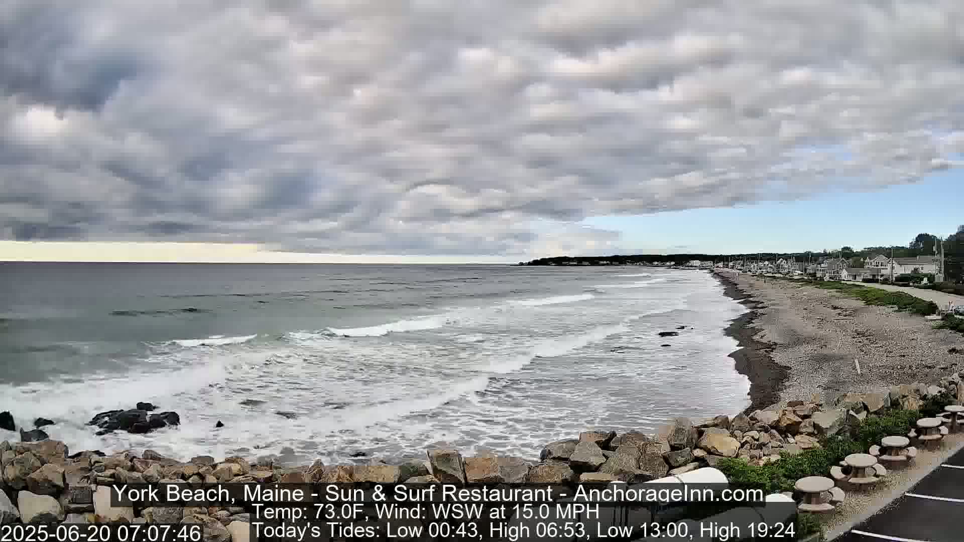 A rocky beach with moderate waves under a cloudy sky meets a coastline with buildings.