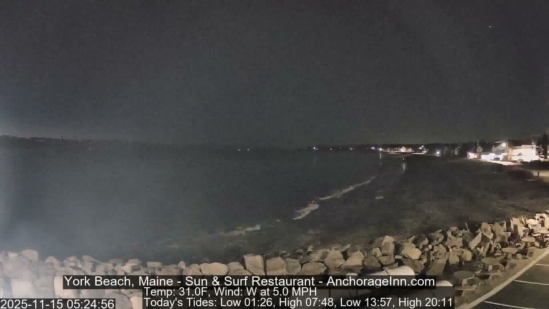 The image captures a dark night view of a rocky shoreline and calm ocean under a clear sky, with the illuminated buildings of a coastal town stretching along the distant horizon.