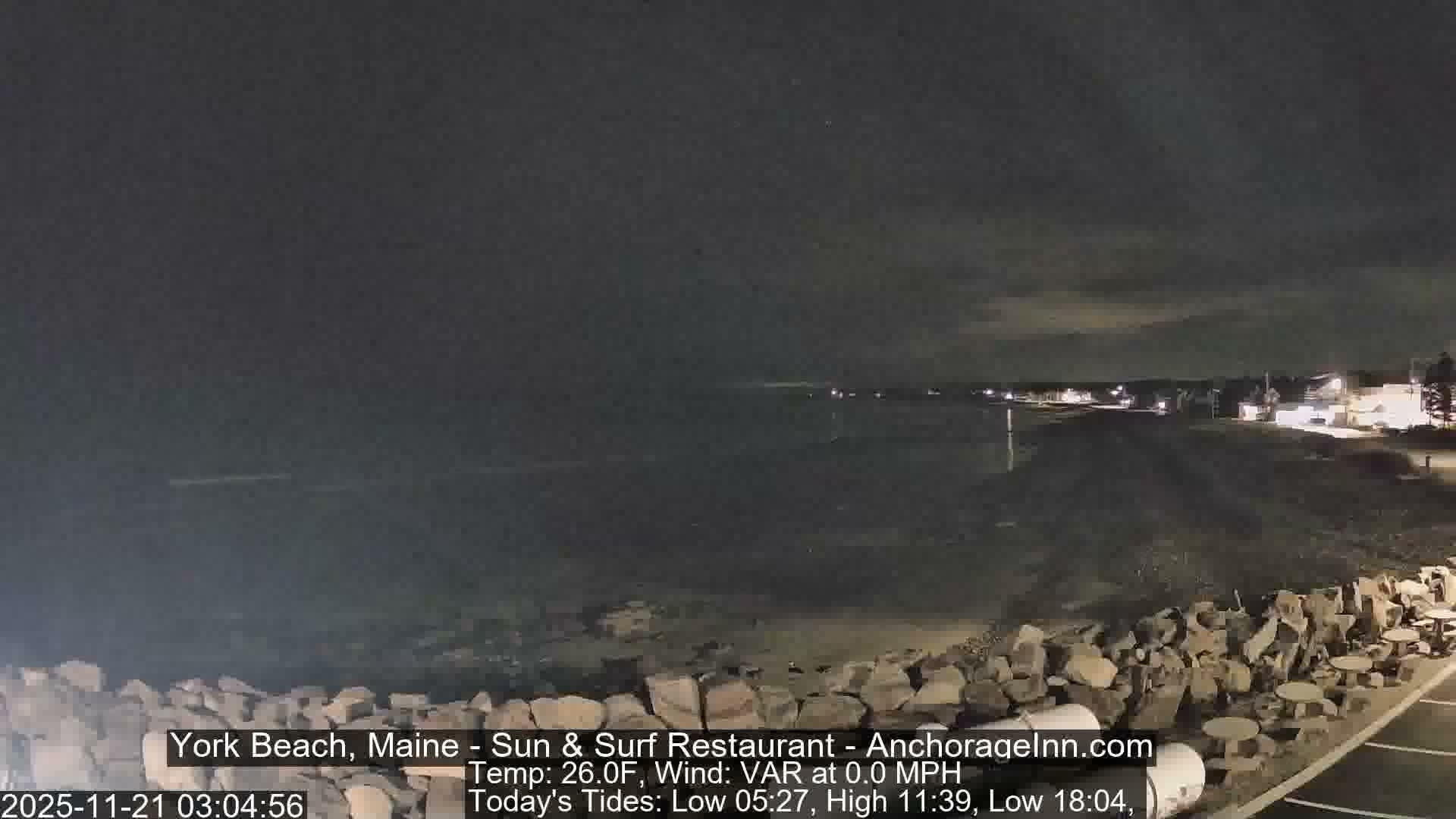 A dark, cloudy night view captures a calm body of water next to a rocky shoreline, with distant lights from a coastal town reflecting faintly on the surface.