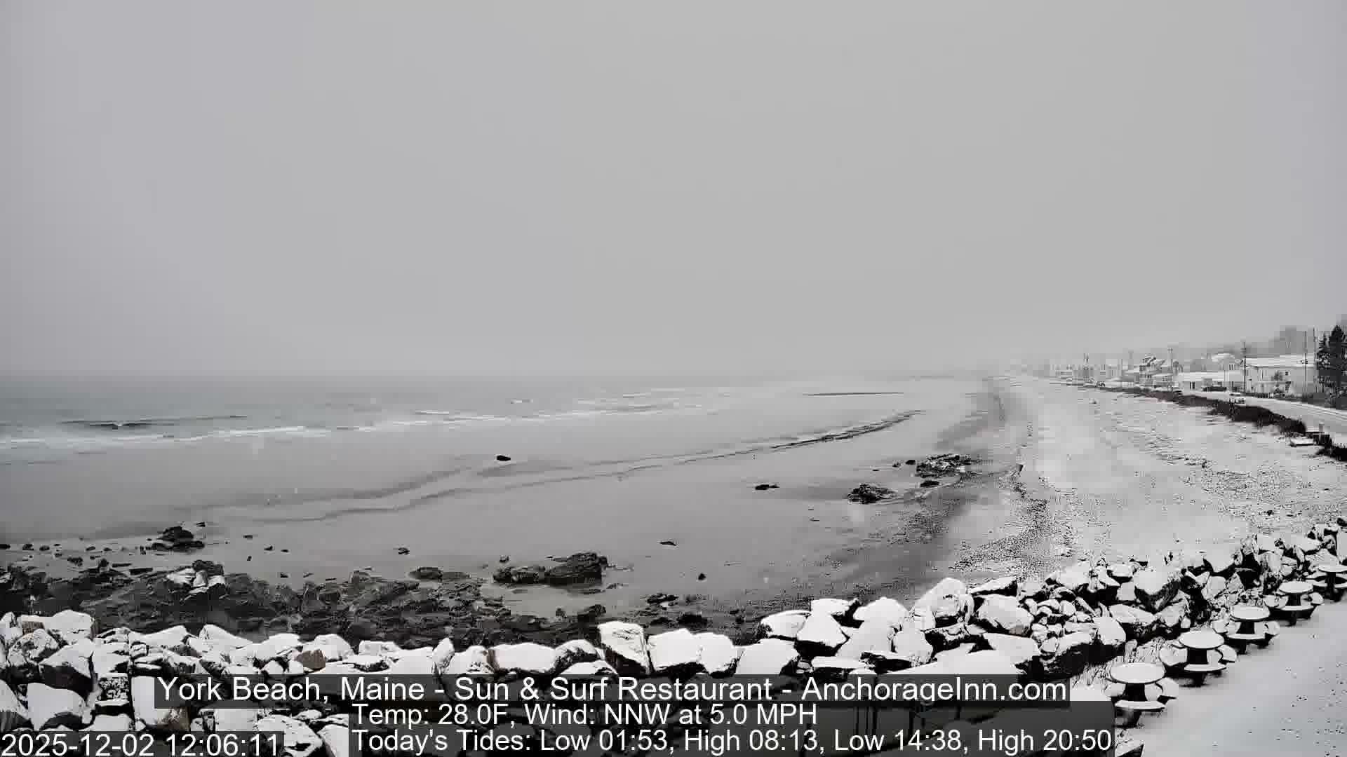 A snow-covered beach stretches under an overcast sky with light snowfall, featuring gentle waves breaking on the shore, a rocky foreground, and distant coastal buildings lining a snowy road.