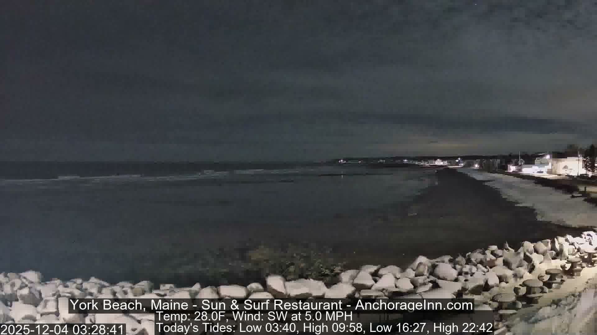 A dark, cloudy night scene captures a rocky beach with gentle waves and distant lights from buildings lining the shore.