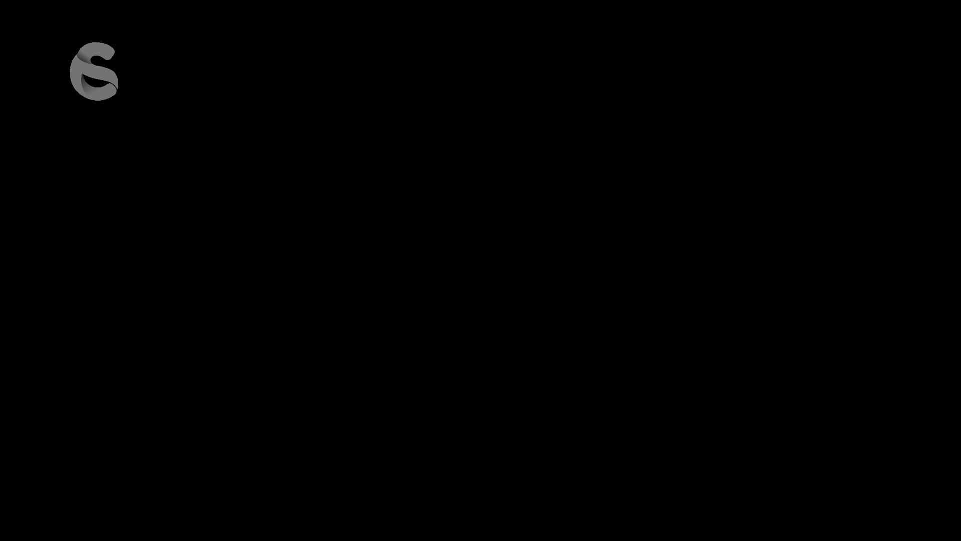 The image is a completely black background with a gray stylized letter "S" in the upper left corner.