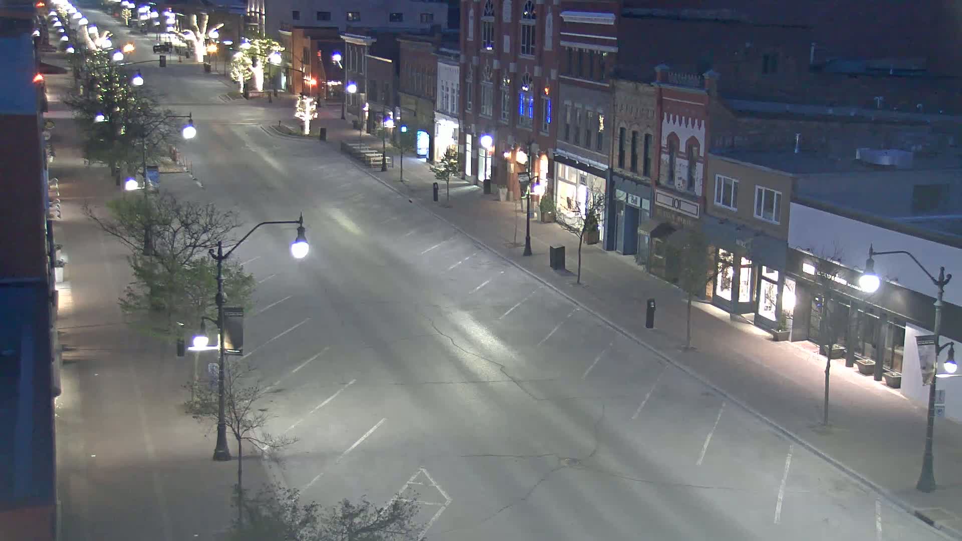A mostly empty street lined with shops and trees at night under dim lighting.