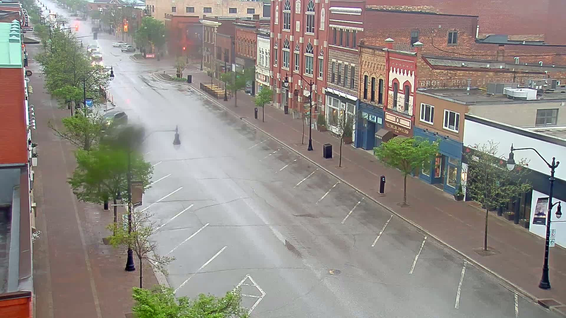 A wet, rain-slicked street lined with brick buildings and young trees, showing several parked cars and one car driving down the street.