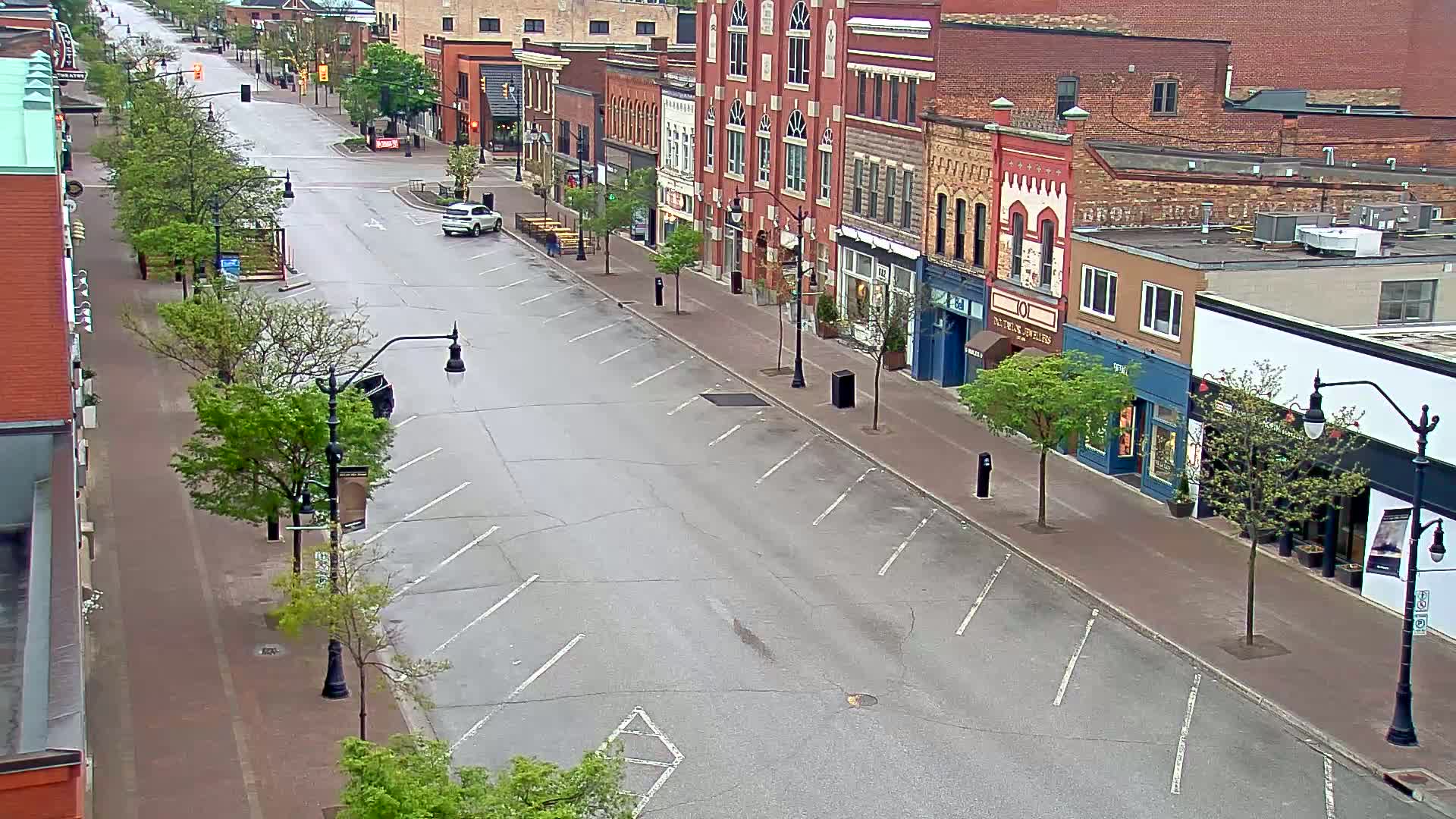 A mostly empty street lined with brick buildings and young, leafy trees, under a cloudy sky.