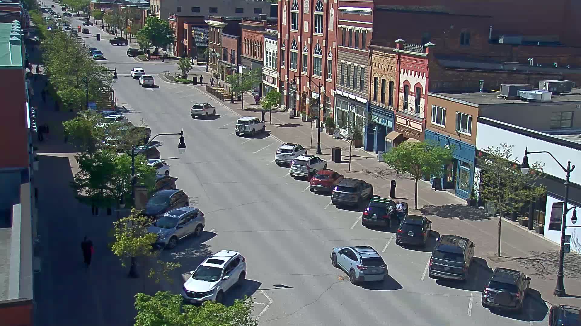 A sunny street scene shows several cars parked along the sides of a two-lane road, in front of brick buildings with trees lining the sidewalks.
