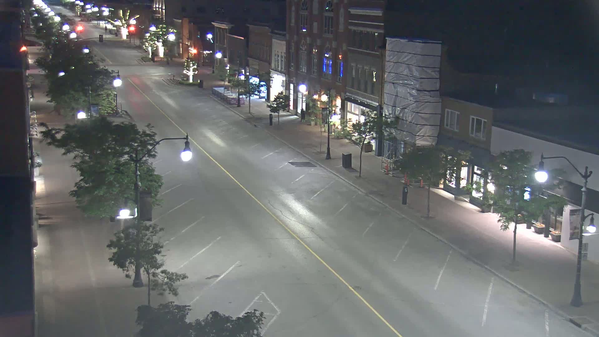 A mostly empty street at night, lined with buildings and trees, is illuminated by streetlights.