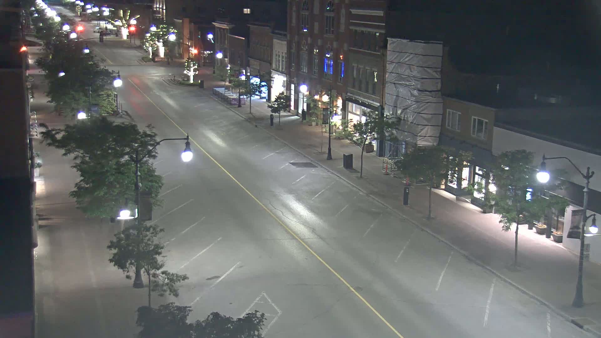 A mostly empty, dark street at night lined with shops and trees, illuminated by streetlights.