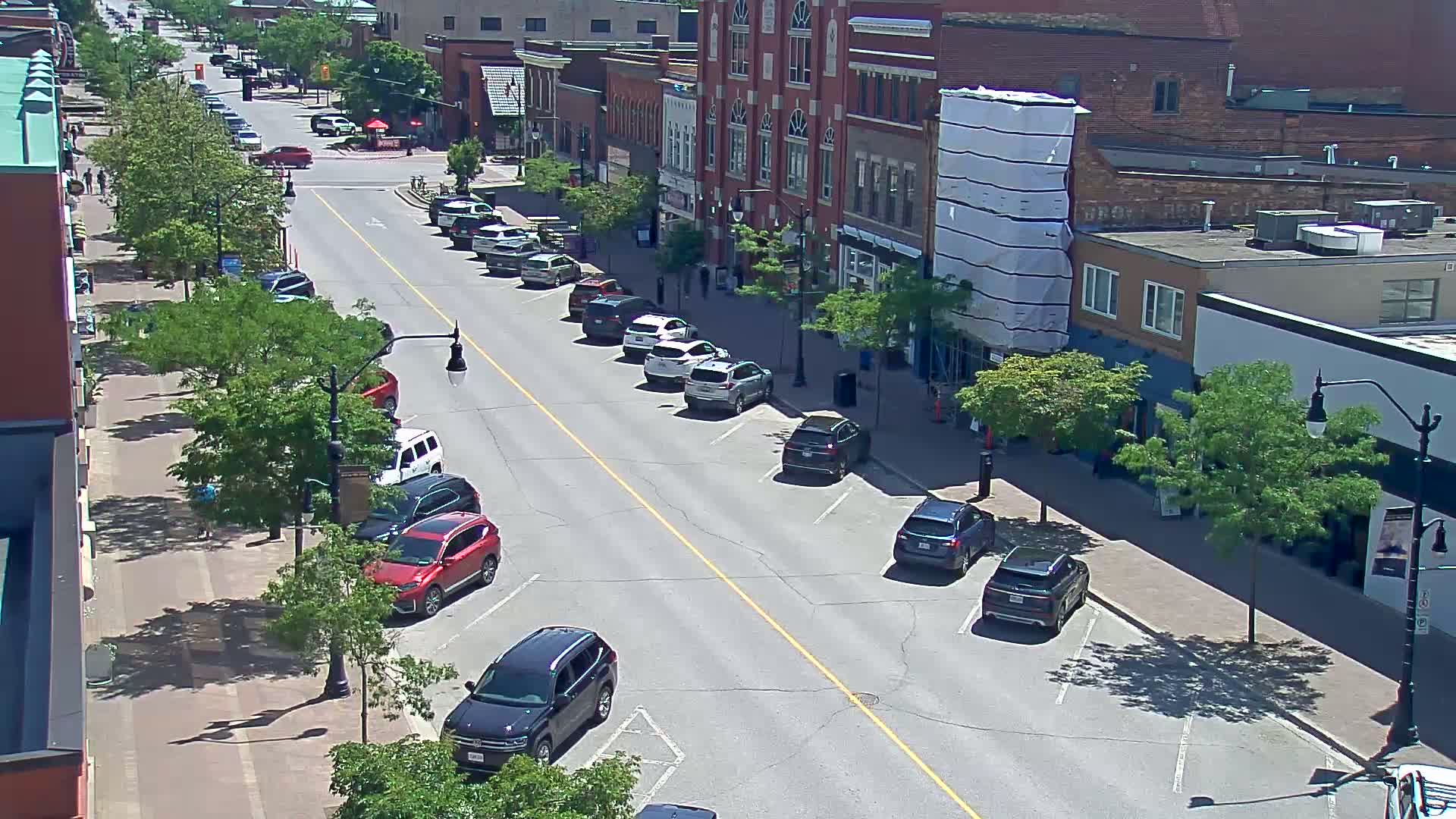 A sunny street scene shows cars parked along both sides of a road in front of multi-story brick buildings, with leafy green trees providing shade.