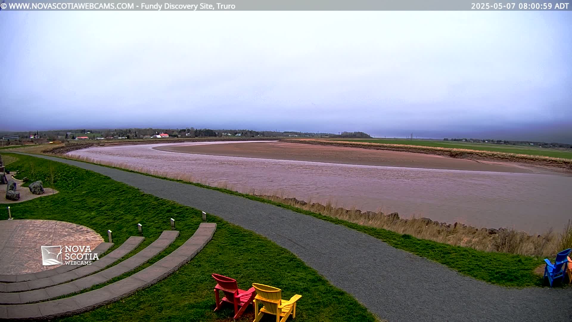 A wide, muddy river curves through a flat landscape under an overcast sky, with a paved pathway and colorful Adirondack chairs in the foreground.