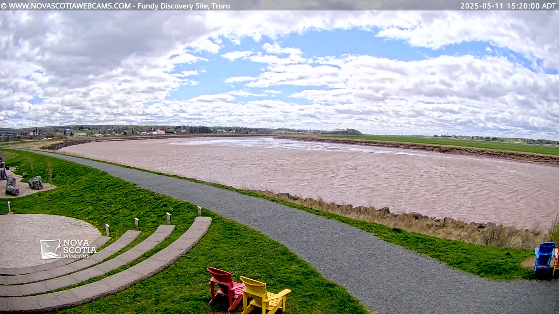 A wide, muddy river flows under a partly cloudy sky, beside a paved path and grassy area with a few colorful chairs.