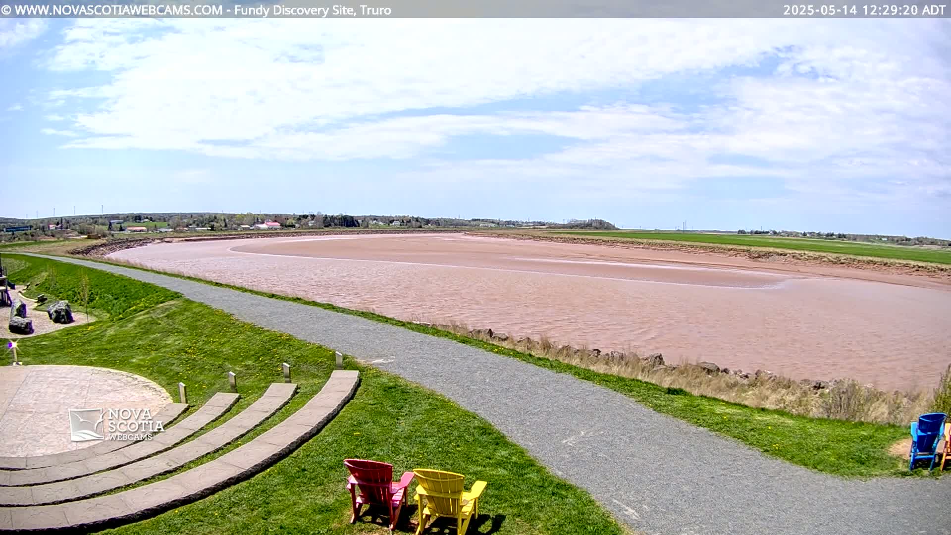 A wide, pinkish-brown river curves gently, under a partly cloudy blue sky, beside a grassy area with a paved pathway and a few colorful chairs.