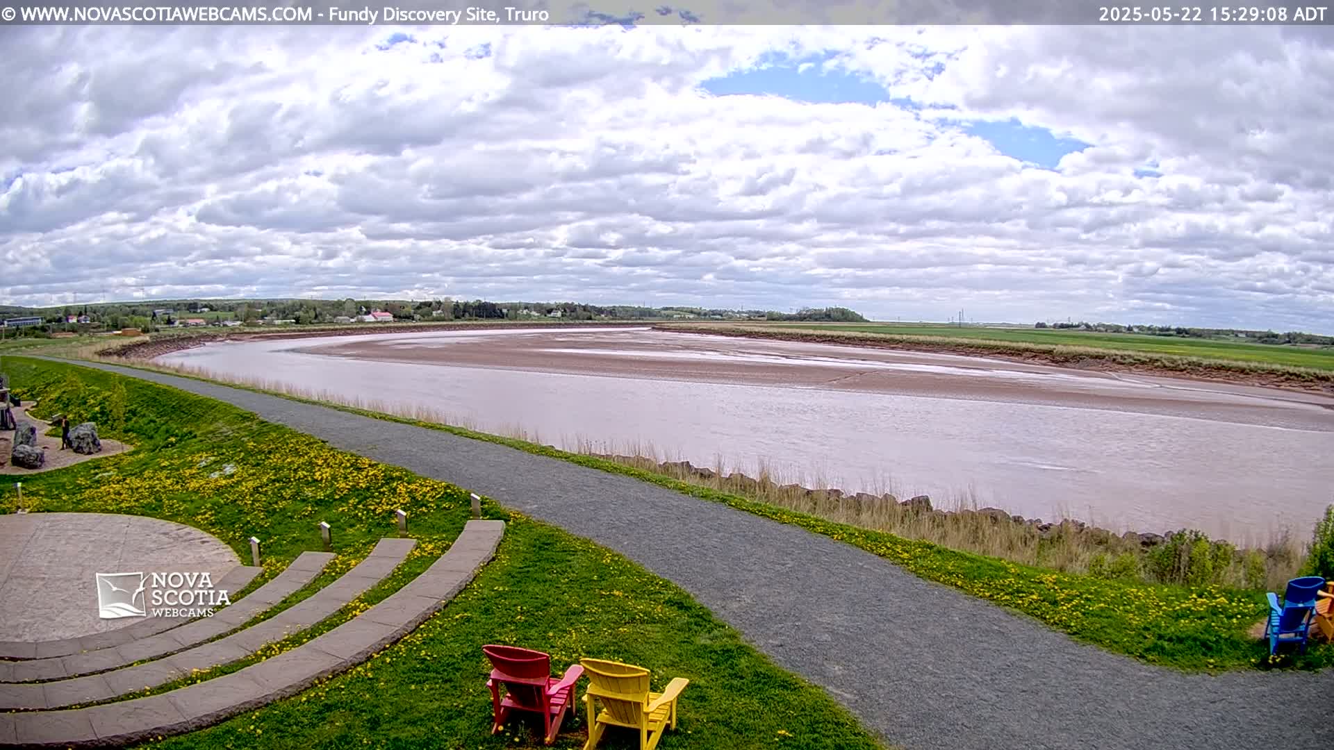 A wide, calm river flows past a grassy area with a paved path and three Adirondack chairs under a partly cloudy sky.