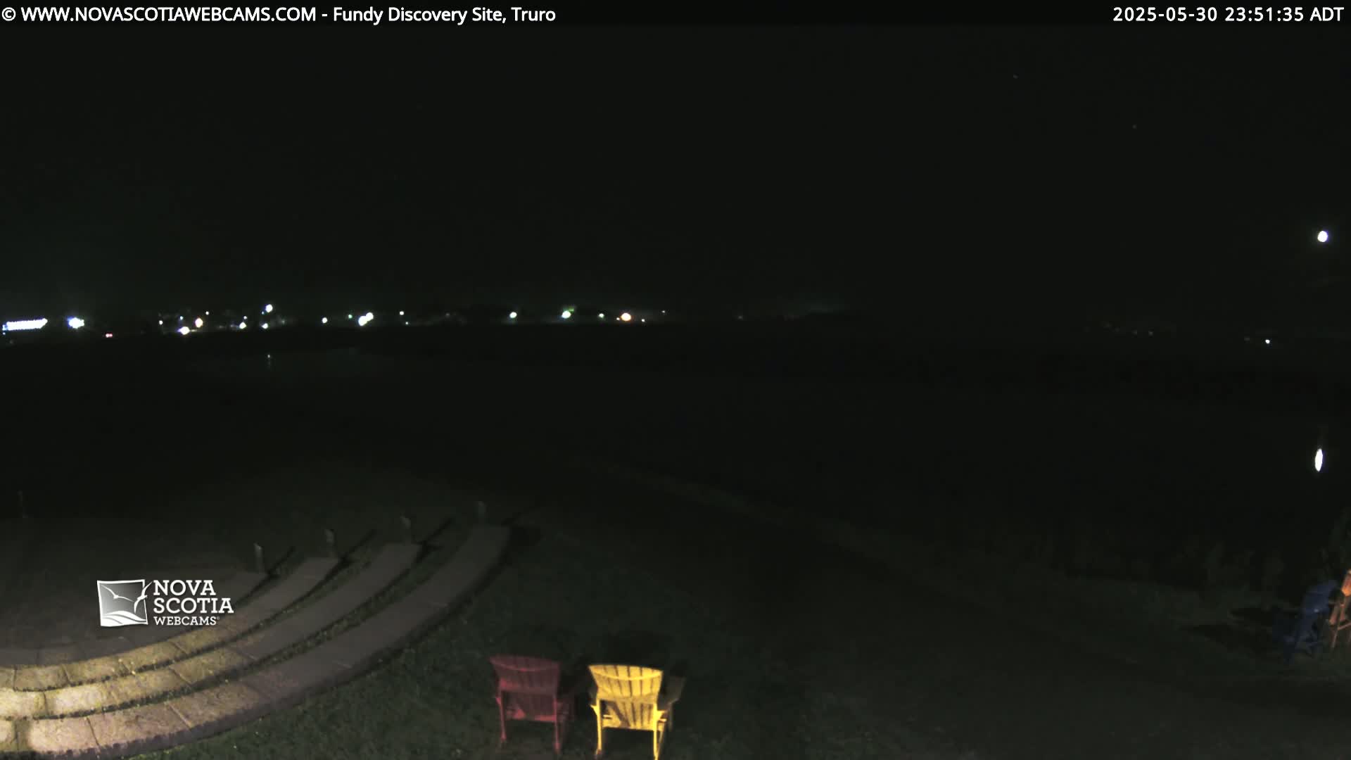A nighttime view of a dark, grassy area with two empty chairs near a stone amphitheater, under a clear, moonlit sky, and distant lights visible in the background.