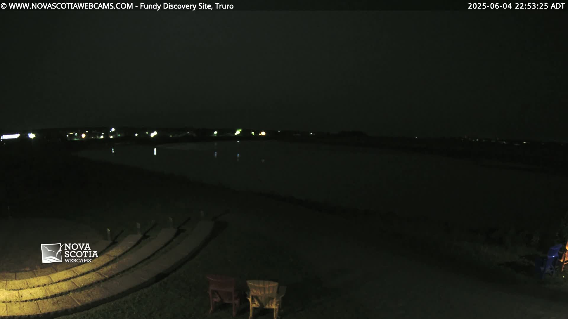 A nighttime view of a dark body of water with a few distant lights visible across it, an empty amphitheater, and a couple of chairs in the foreground.