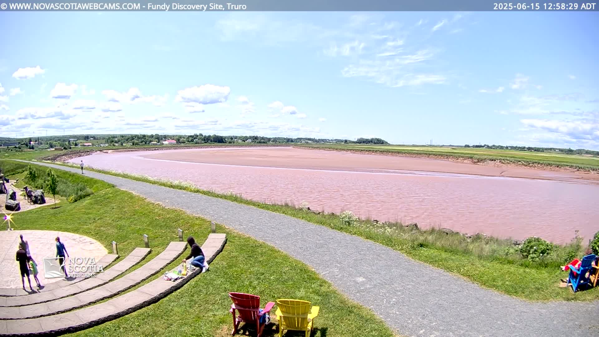 A wide, pinkish-red river curves through a grassy landscape under a partly cloudy blue sky, with several people relaxing near a paved pathway and amphitheater.