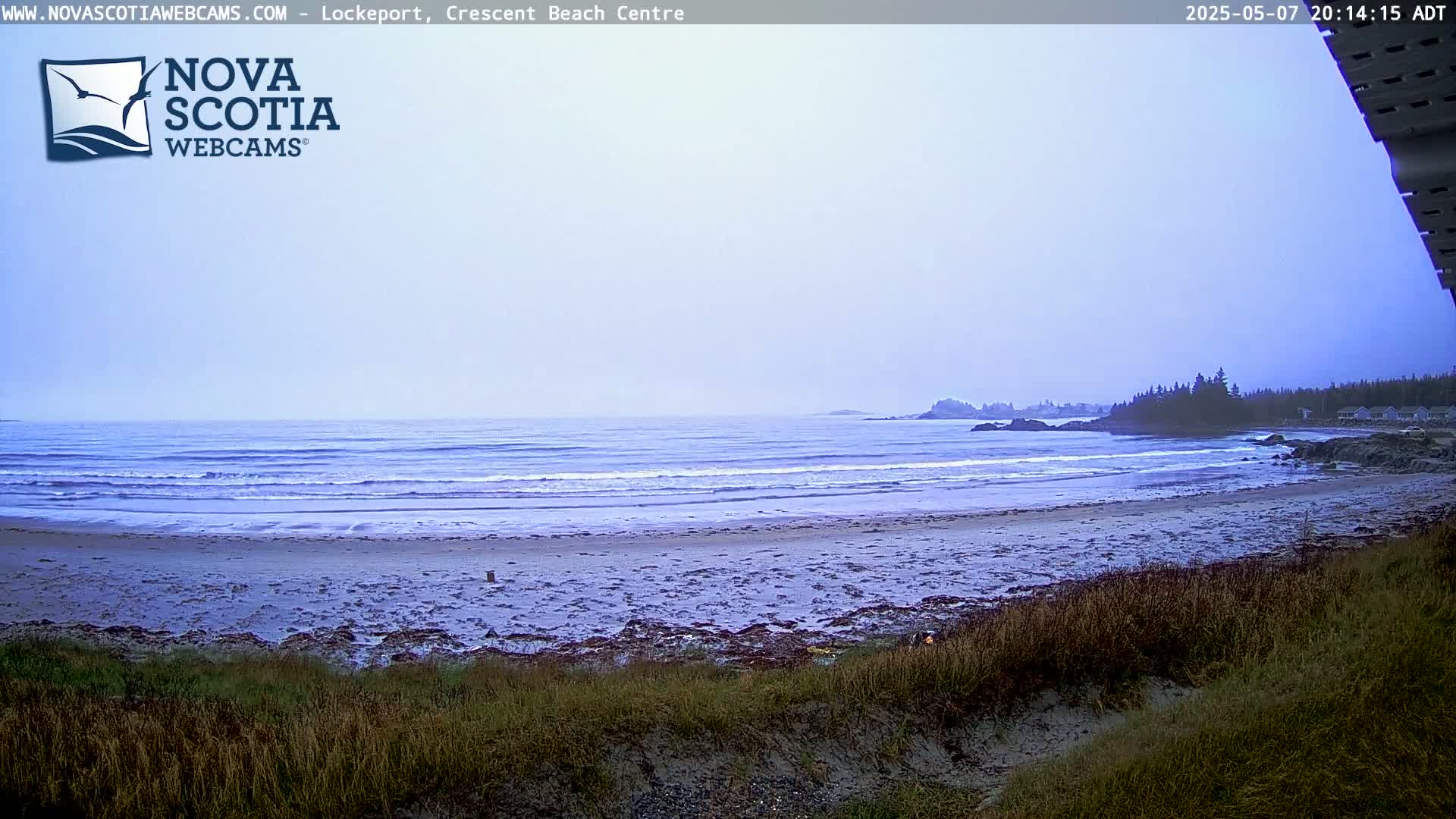 A hazy view of a sandy beach with gentle waves lapping the shore, under an overcast sky.